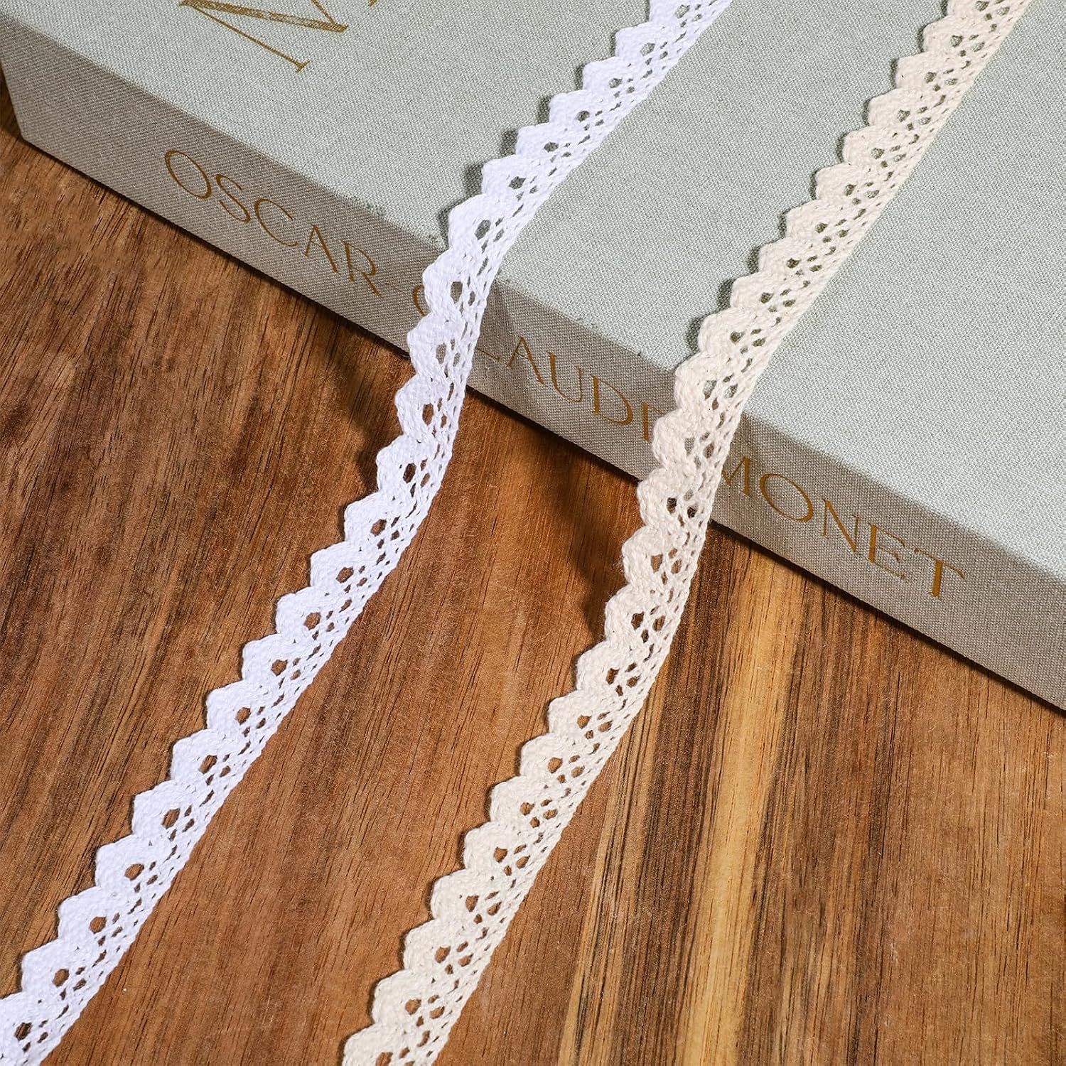 10 Yards Lace Ribbon, Vintage Cotton Lace Ribbon Thin Crochet Lace Trim 2 Colors Sewing Ribbons for Crafts Gift Package Wrapping Wedding Decoration Scrapbooking Supplies (0.6 Inch Wide, White Beige)