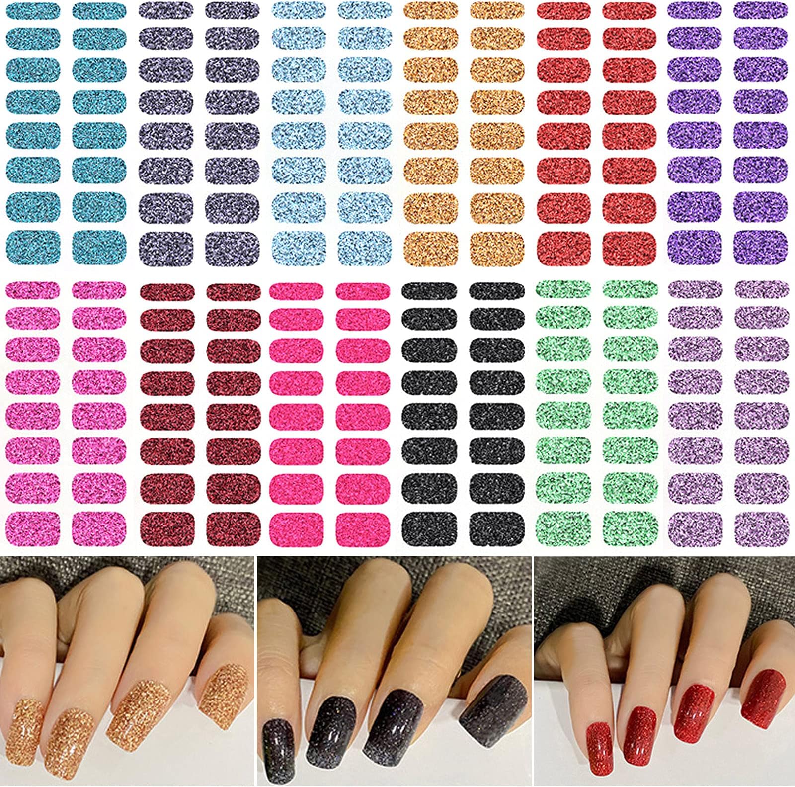 12 Sheets Glitter Nail Wraps Nail Polish Strips Solid Color Nail Polish Stickers Shine Full Wrap Nail Polish Decals Self Adhesive Nail Art Polish Stickers for Women Girls Manicure Tips Art