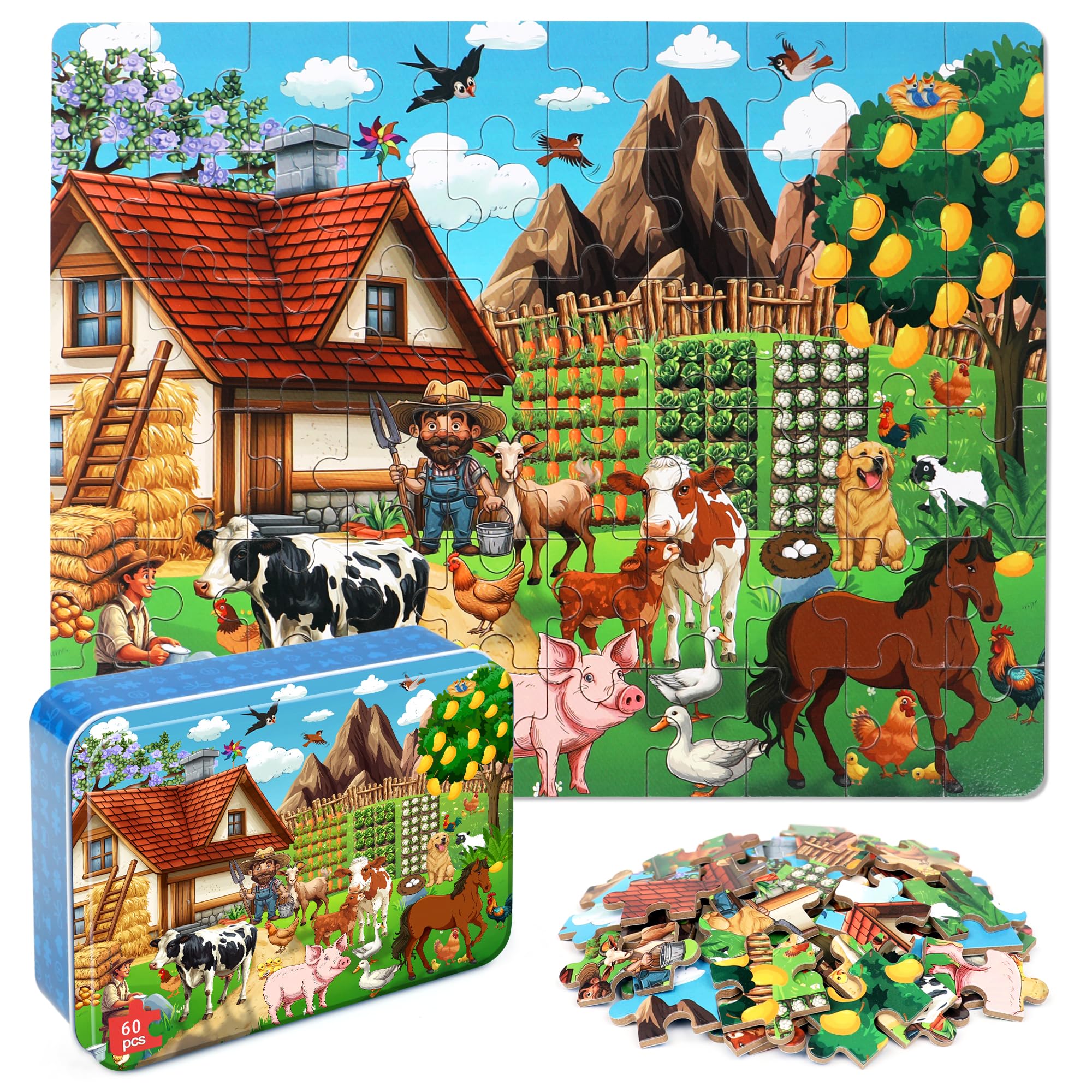 LELEMON Puzzles for Kids Ages 4-6, Farm 60 Piece Puzzles for Kids in a Metal Box, Educational Jigsaw Puzzles Childrens Puzzle Games Puzzle Toys for