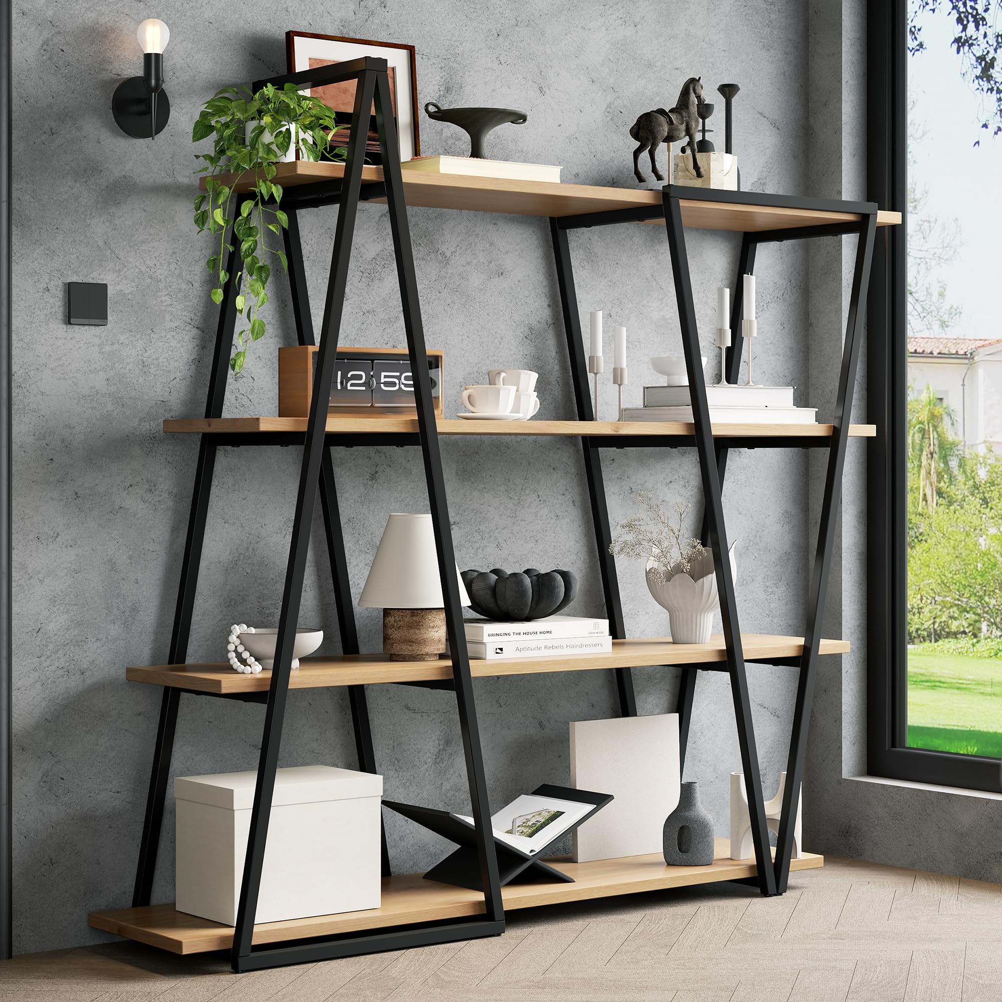 158×35×166 cm Geometrisches Stehregal – Bücherregal/Offenes Metallregal mit 25 mm Verdickt MDF-Holzböden, Dreiecksdesign, für Wohnzimmer, Küche & Arbeitszimmer,Regal - Bücherregal