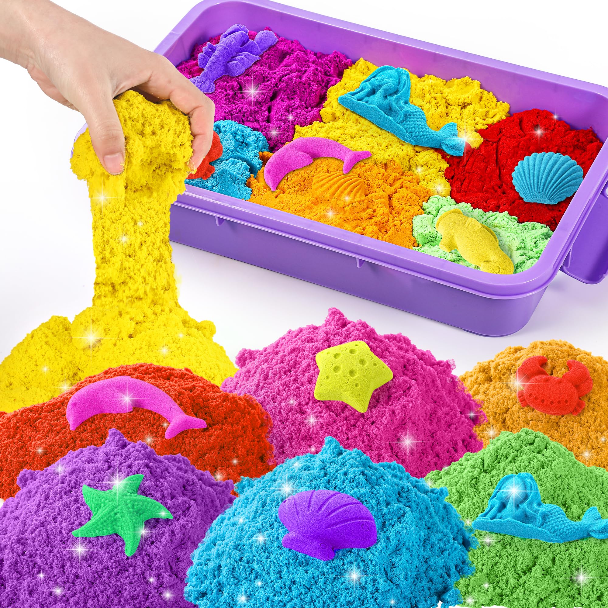 sikmcle Play Sand mit Sensory Bin - Juguete para niños, 8 lb de 7 colores a granel Magic Sand con caja de arena para niños pequeños, kit de arena Sensory para niños y niñas de 3 a 8 años (morado)