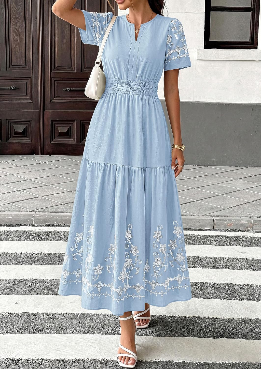 PRETTYGARDEN Women's Summer Boho Maxi Dress 2026 Spring Floral Short Sleeve V Neck A Line Flowy Beach Wedding Guest Dresses
