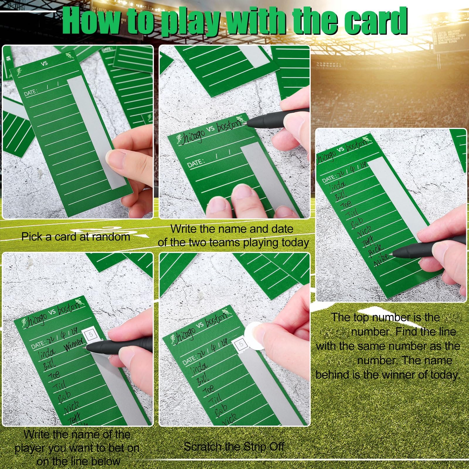 160 tarjetas de tira de 10 líneas para rascar, tarjetas de billar, pestañas para fútbol, deportes, piscina, fútbol, juego de caja (verde) 4