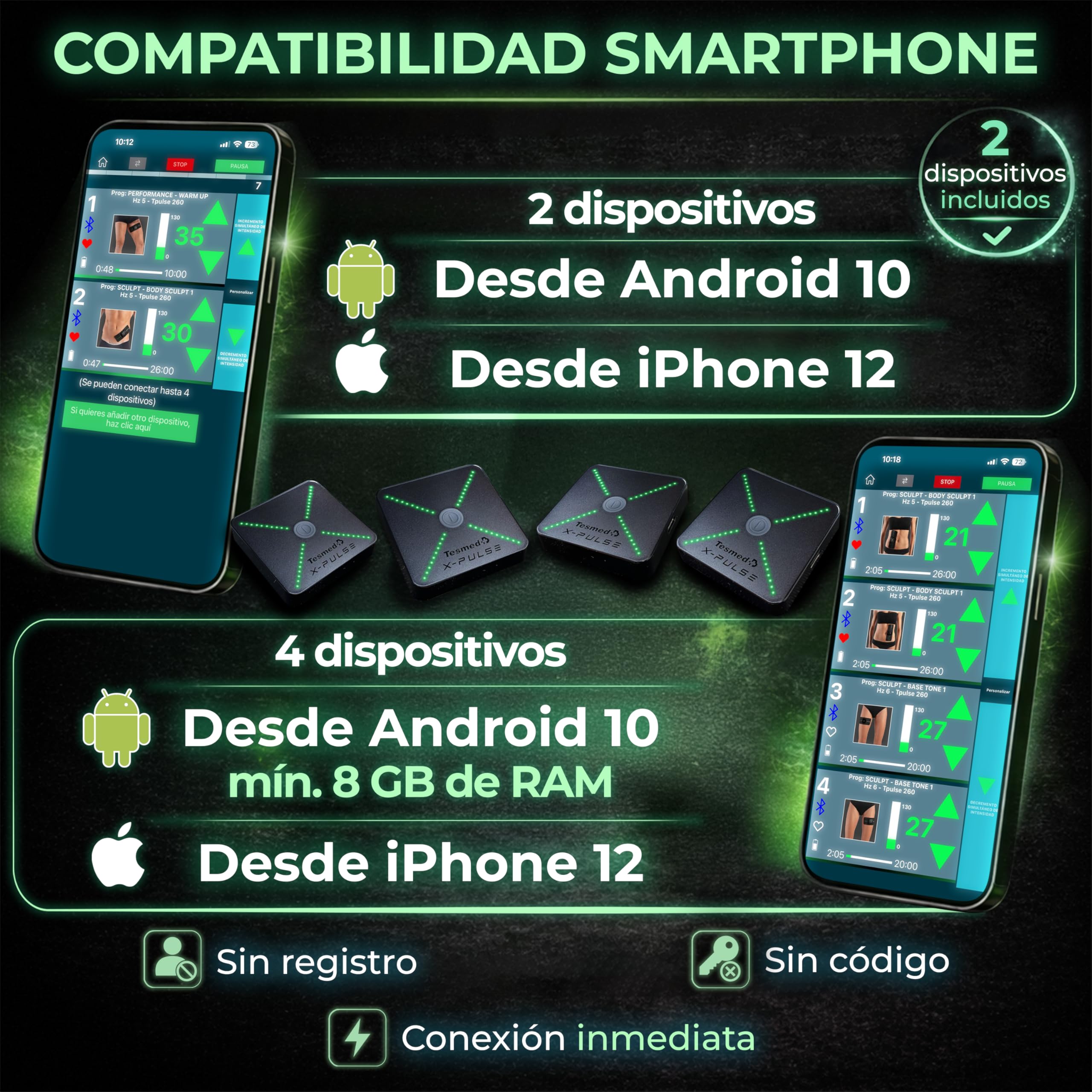 TESMED X-Pulse Electroestimulador Muscular EMS Inalámbrico Recargable con App – 2 Dispositivos Incluidos, Programas Personalizables Ilimitados, Multi-Zona, 130 Niveles de Intensidad, El Más Potente