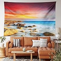 Vista 60 de Lunarable Tapiz costero, tumbonas y mar Caribe bajo el parasol naranja, imagen de vacaciones de luna de miel, decoración de tela para colgar