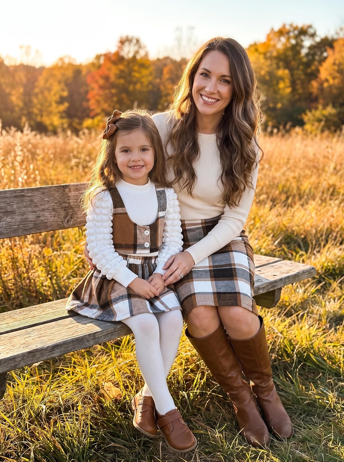 Toddler Girls Fall Winter Outfits Girls Puff Sleeve Knit Ribbed Tops Button Down Vest Plaid Skirt Set Fall Clothes
