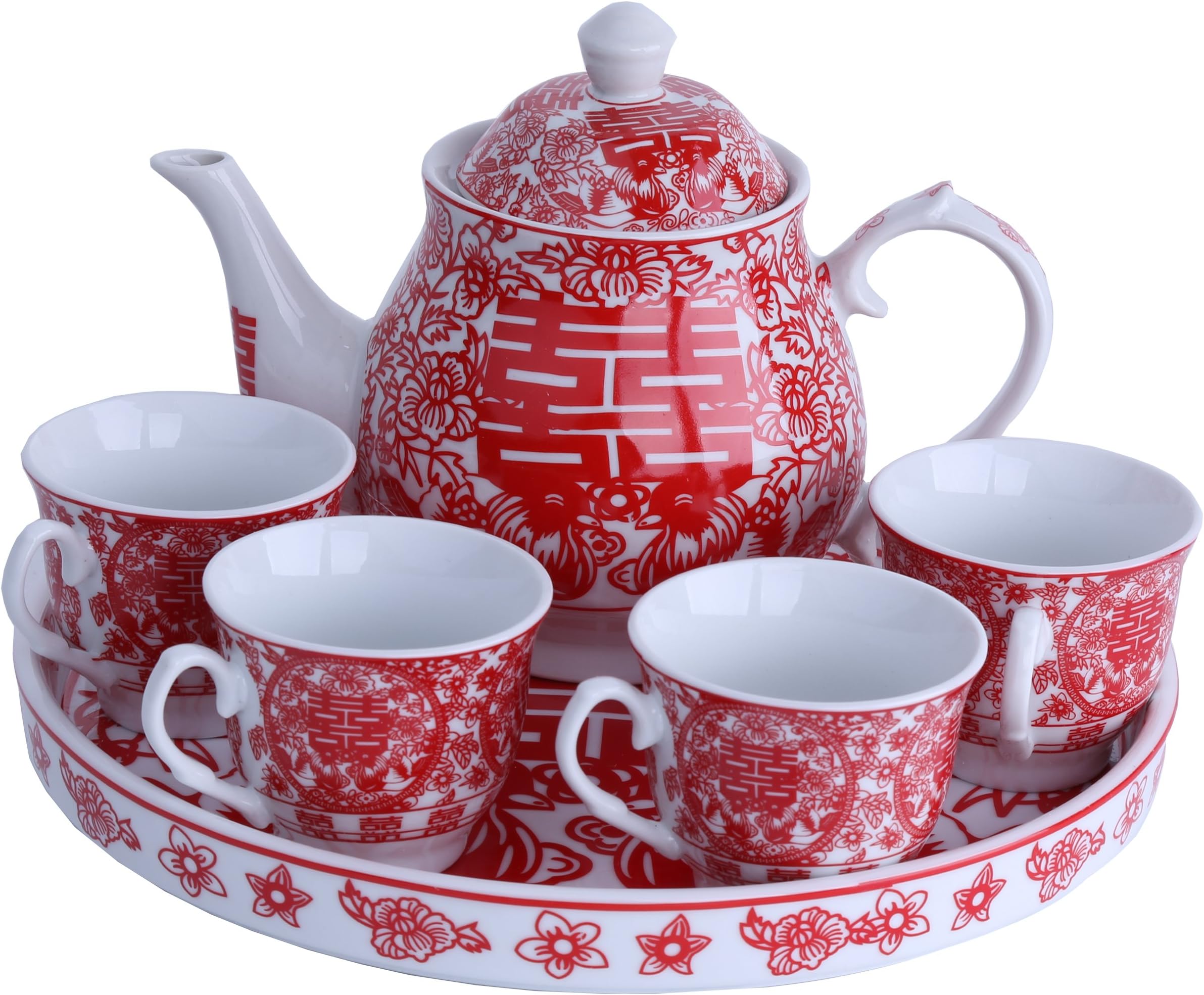 Greencherry Chinese Tranditional Wedding Red Double Happiness Porcelain Tea Set Teapot and Tea Cup 5 Pcs with Base