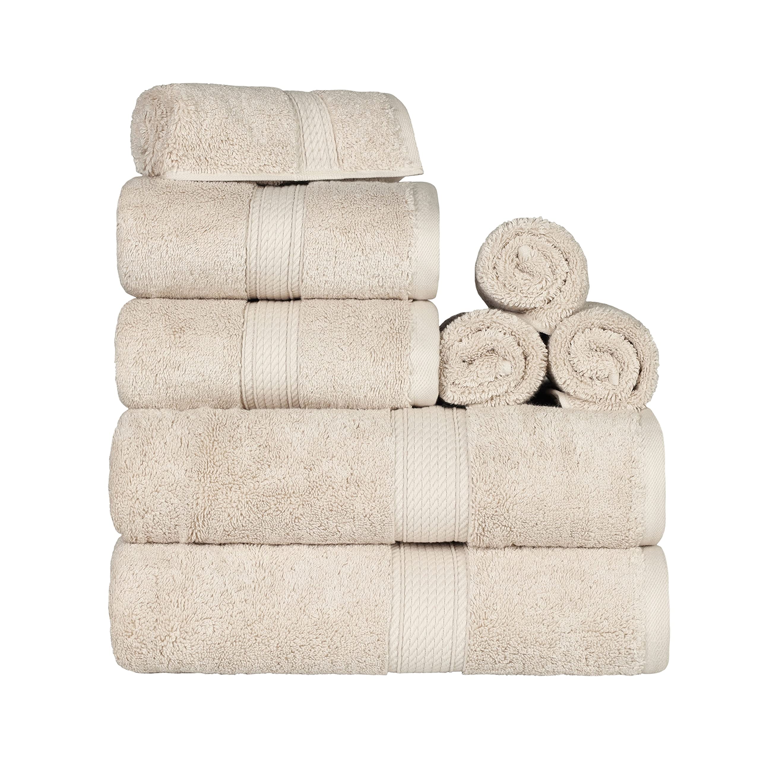 Superior Egyptian Cotton 8-Piece Solid Towel Set, Washcloths 13” x 13”, Hand Towels 20” x 30”, Bath Towels 30” x 55”, 800 GSM, Cream, 8-Pieces