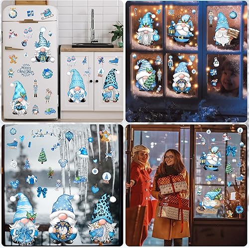 Miniatura 5 de 12 hojas de calcomanías de Navidad para ventana, diseño de gnomo de Navidad, copos de nieve, decoración de ventana azul extraíble para ventanas de