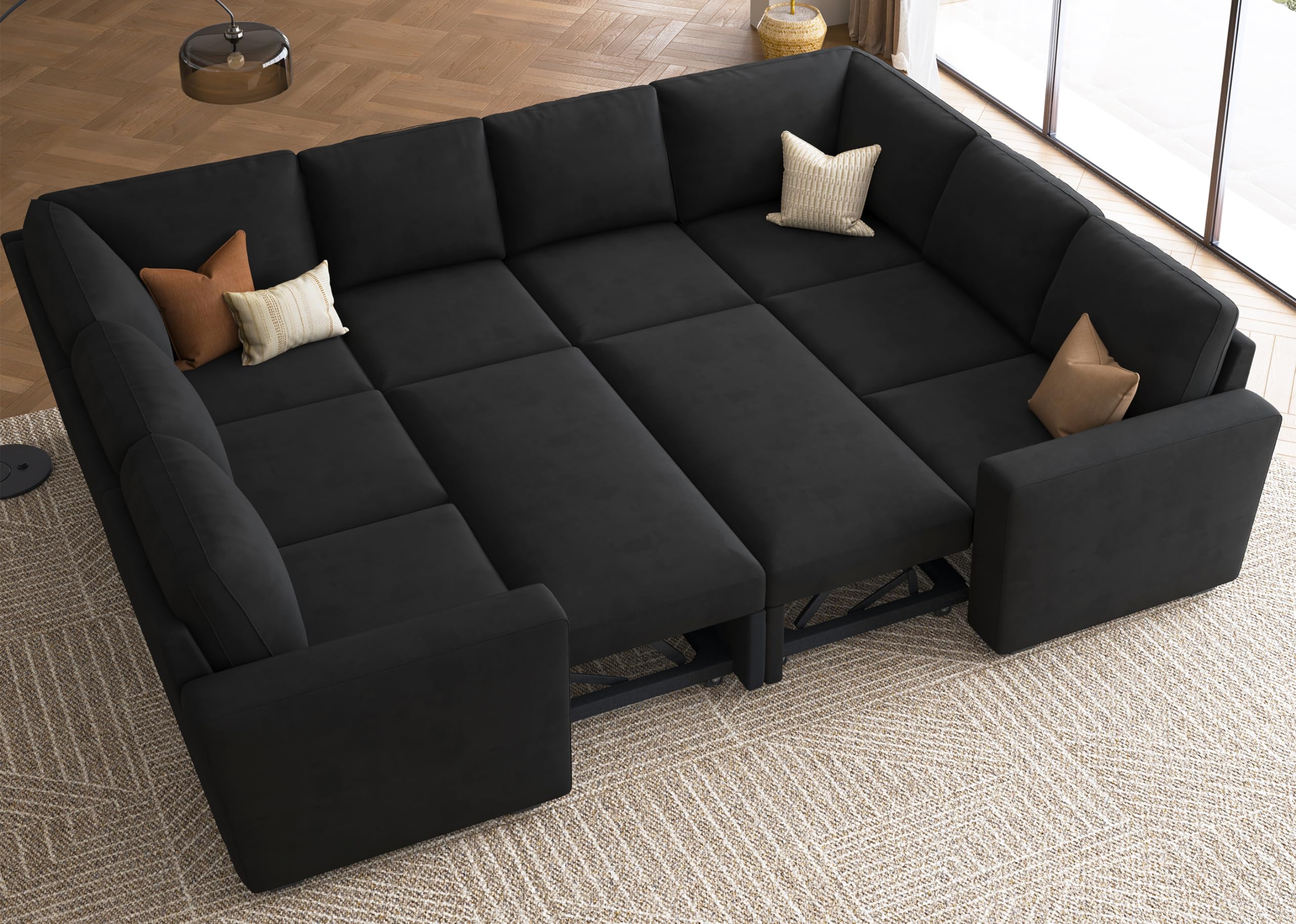 HONBAY Sleeper Sectional Couch with Pull Out Bed, Velvet Modular Sofa with Storage, U Shaped Sectional Couches for Living Room, Black