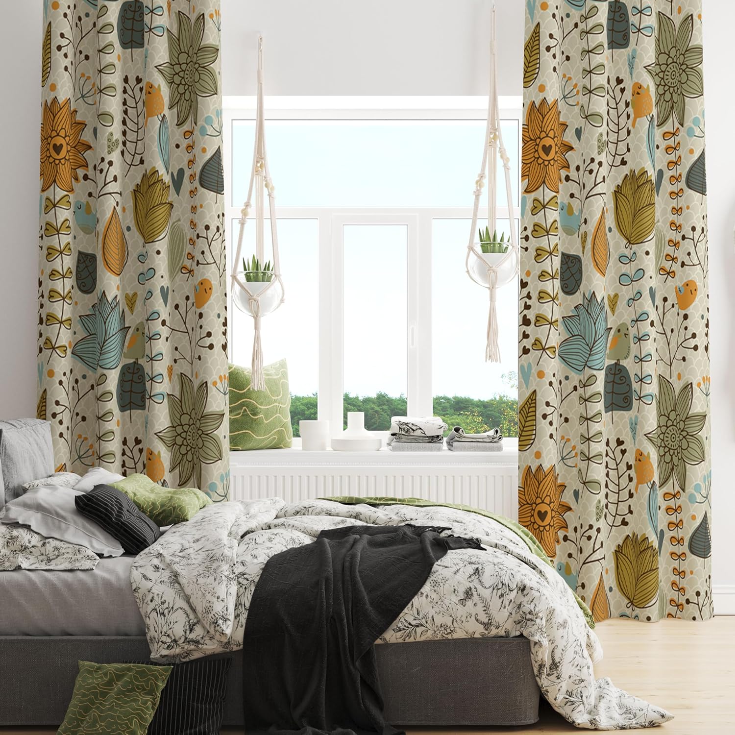Floral Curtains,Boho Geometric Abstract Floral Leaves Vintage Nature Plant Blackout Curtains,Modern Art Fabric Rod Pocket Curtains for Living Room 31.5x72in,2 Panel Set