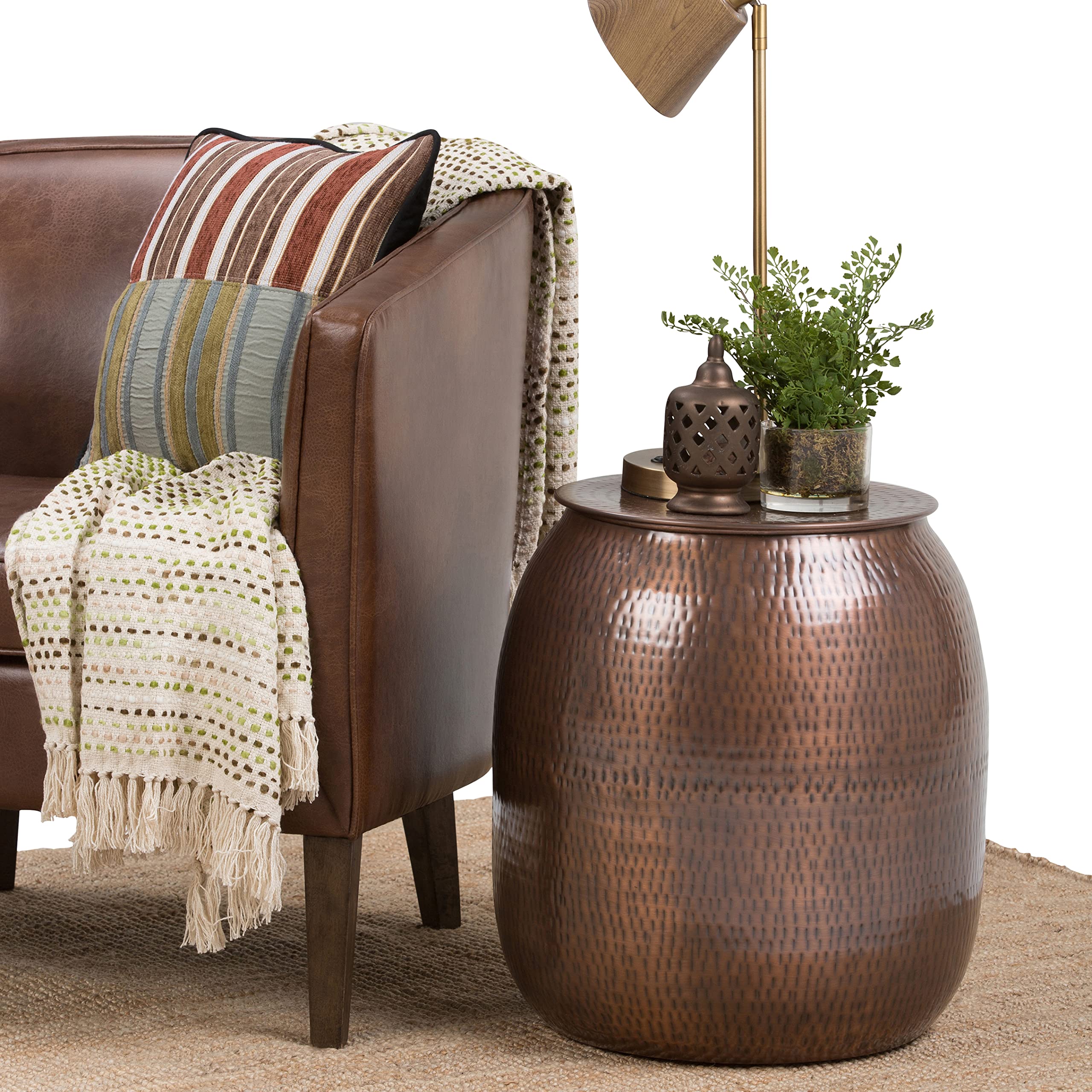 SIMPLIHOME Griffen 19" Wide Round Storage Metal Table in Antique Copper | Industrial round drum side table with hidden storage space; assembled accent table or end table for living room use.