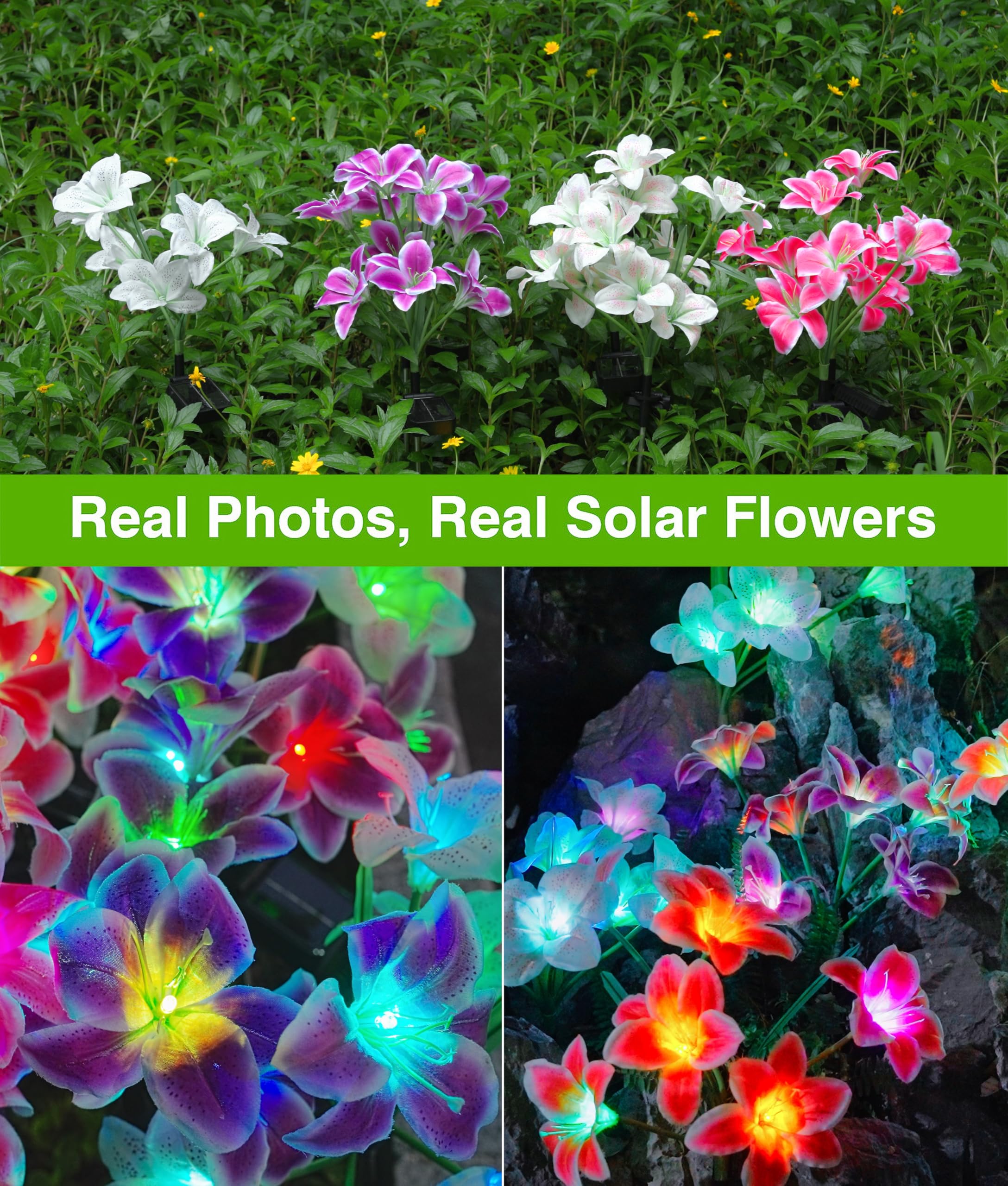 LETMY Solar Gartenleuchten, 4 Pack Solar Blumenlichter mit 6 Kopf Größere Lilienlichter, IP65 Wasserdicht Solarleuchten Außen, Dekorative Lichter für Garten, Terrasse, Hof, Blumenbeet