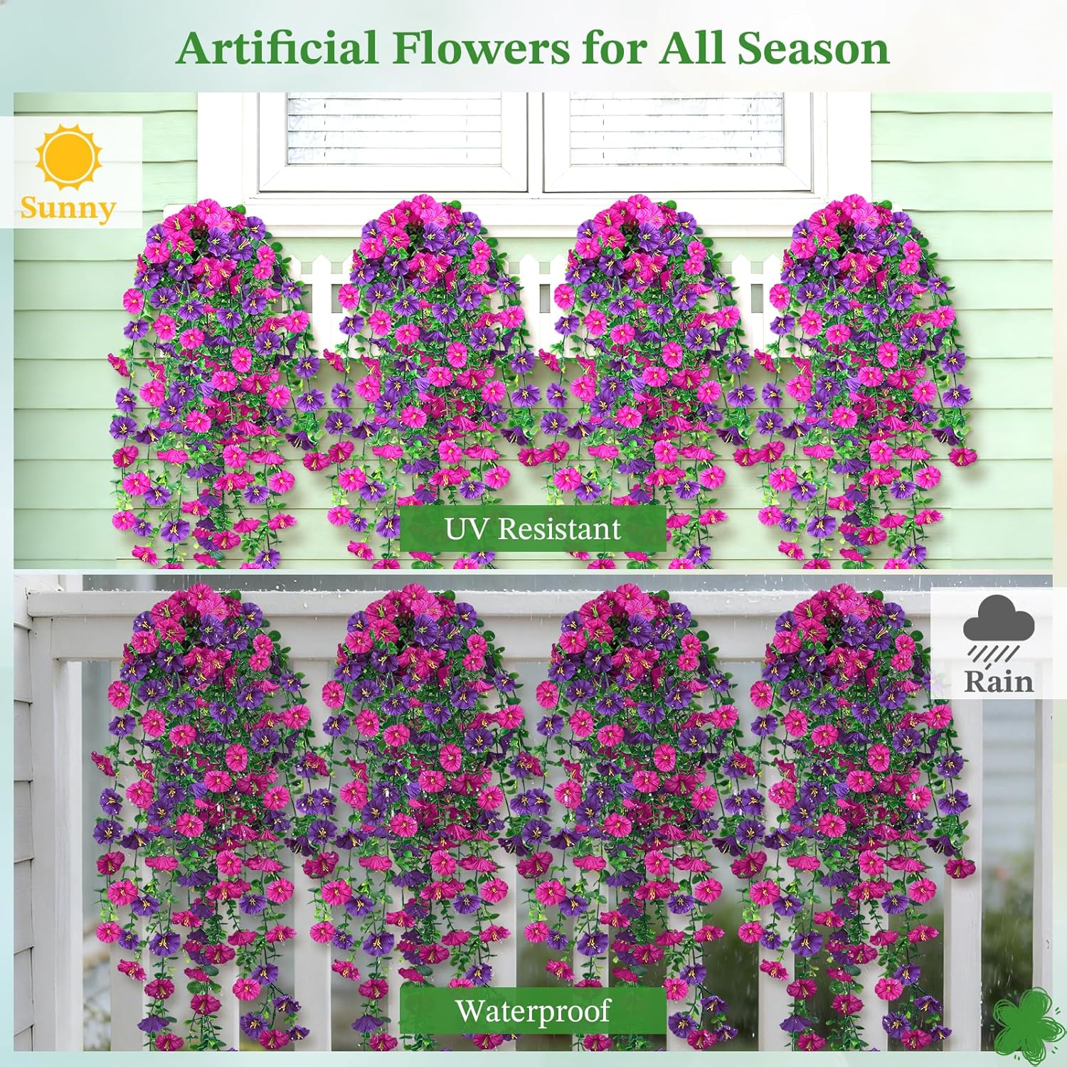 Artificial Hanging Flowers for Outdoors, 6Pcs UV Resistant Morning Glory Fake Flowers Outdoors Decorations, Realistic Silk Faux Hanging Plants Decor for Outside Planter Porch Patio Garden (Purple Red)