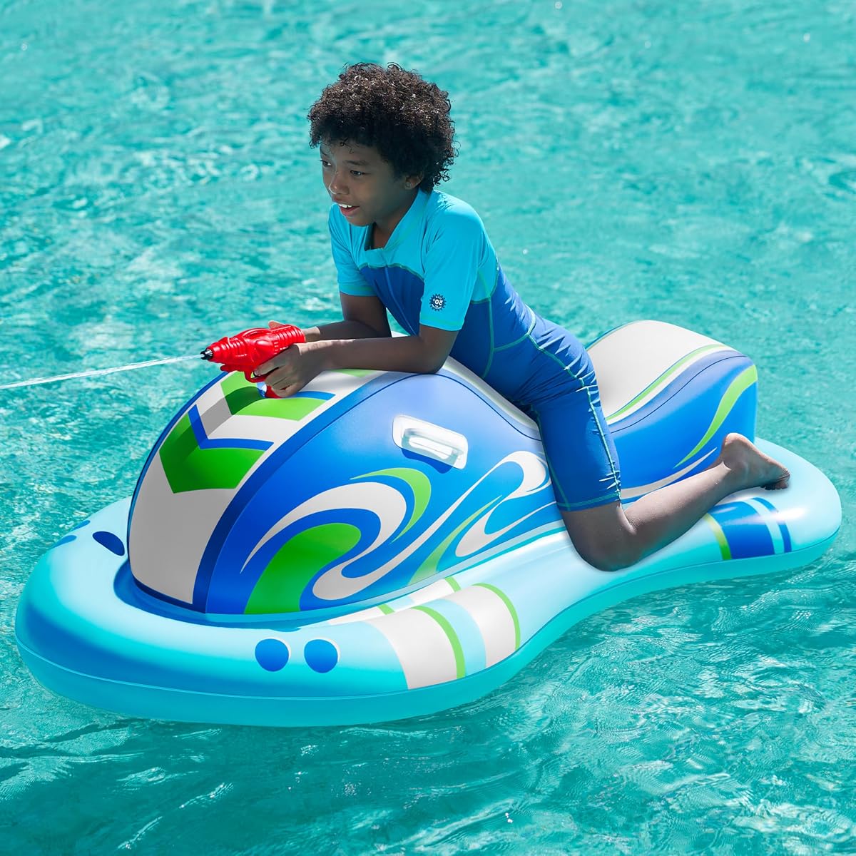 SLOOSH Flotadores inflables para piscina de motos acuáticas para niños, flotadores de piscina con pistola de agua, juguetes de lucha contra el agua, diversión inflable para el verano
