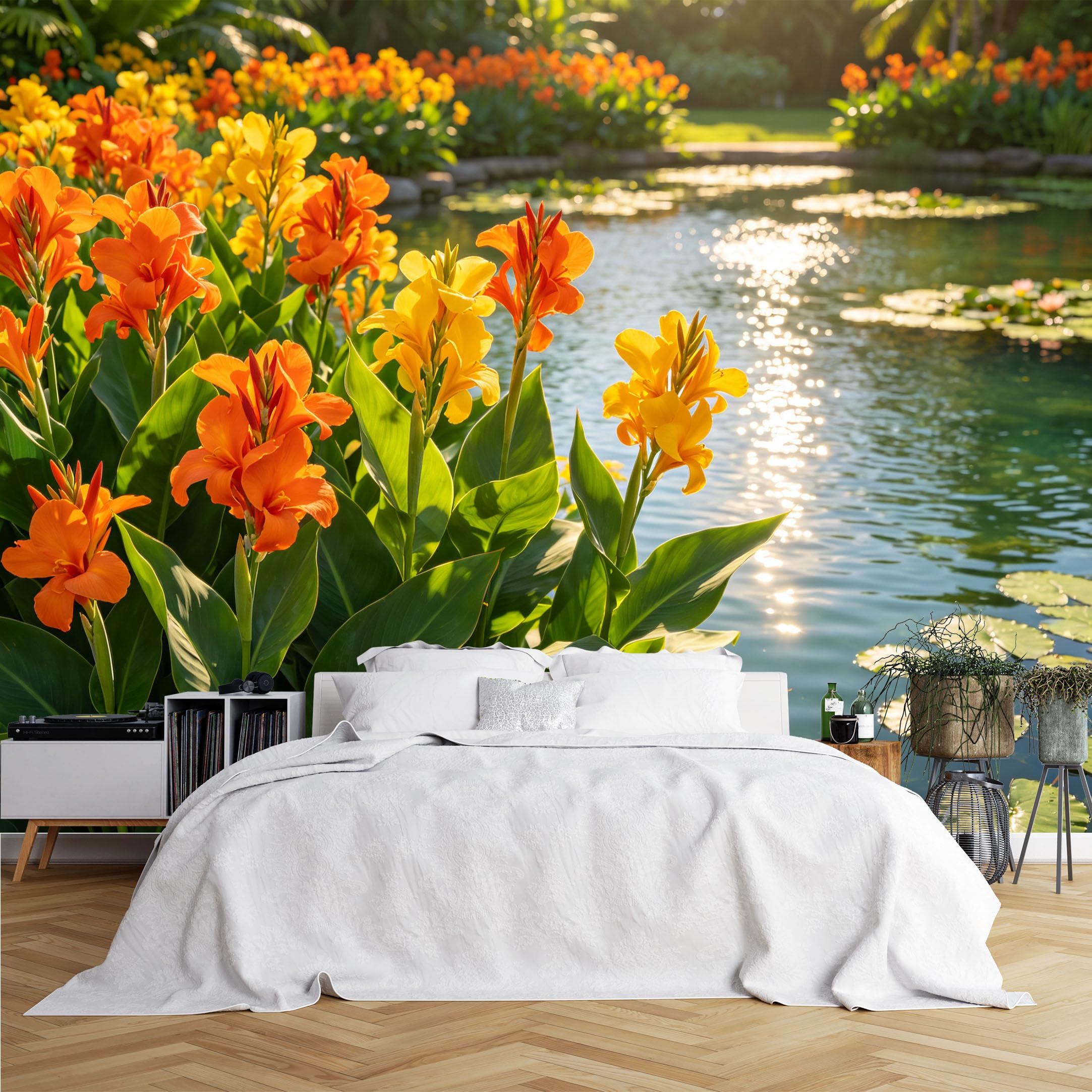 Lcythiazole Ch260615004 Custom Size Wall Murals Orange Canna Flowers Pond View Wall Murals Sunlit Garden Water Lily Scene Wallpaper Large Photo Wallpaper Self-Adhesive Removable Wallpaper