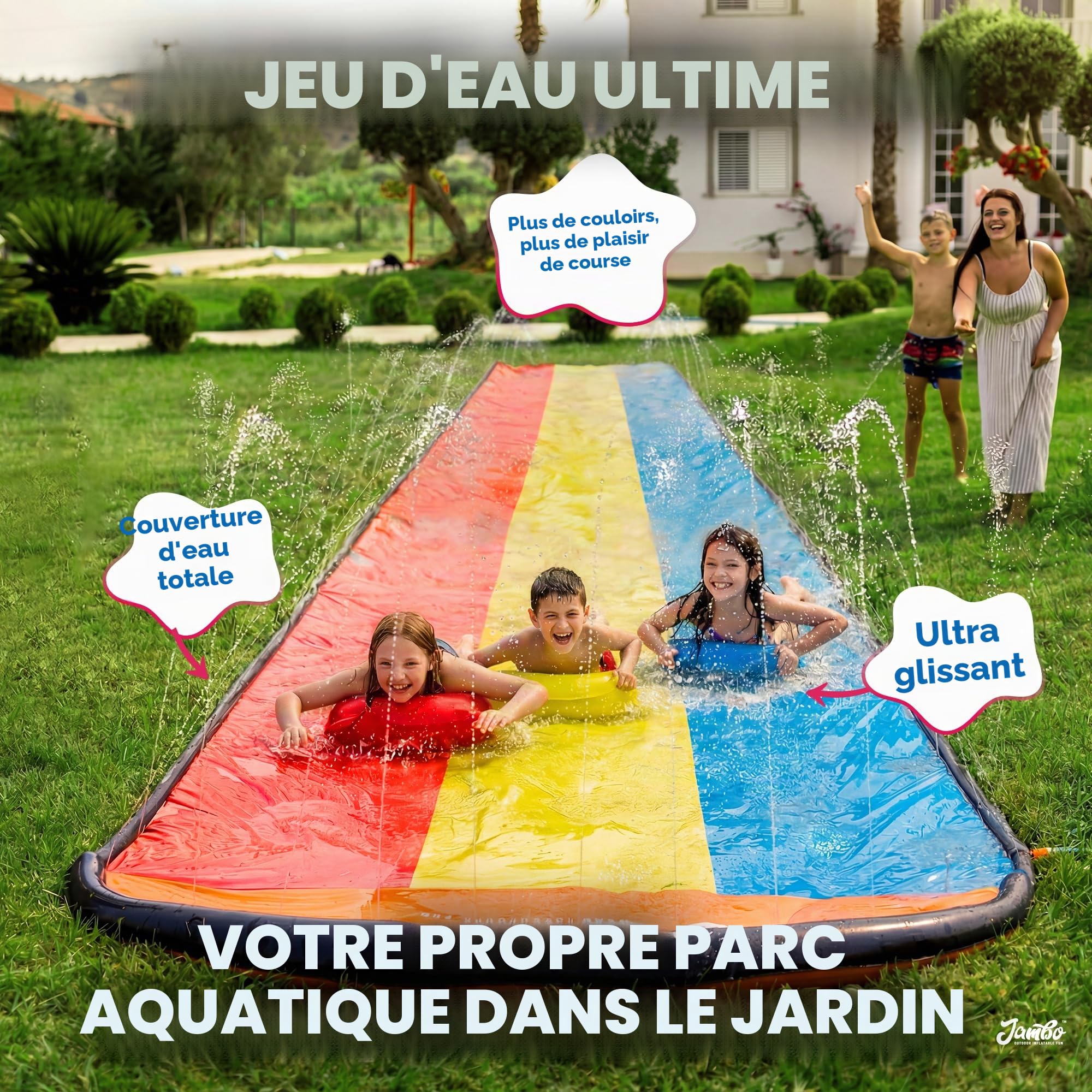 JAMBO Ventriglisse, Toboggan Aquatique 610 cm /20 ft, Tapis de Glisse Eau Enfant à Triple Piste avec 3 Bodyboards, Tapis Glissant Enfant, Jeux D’Eau