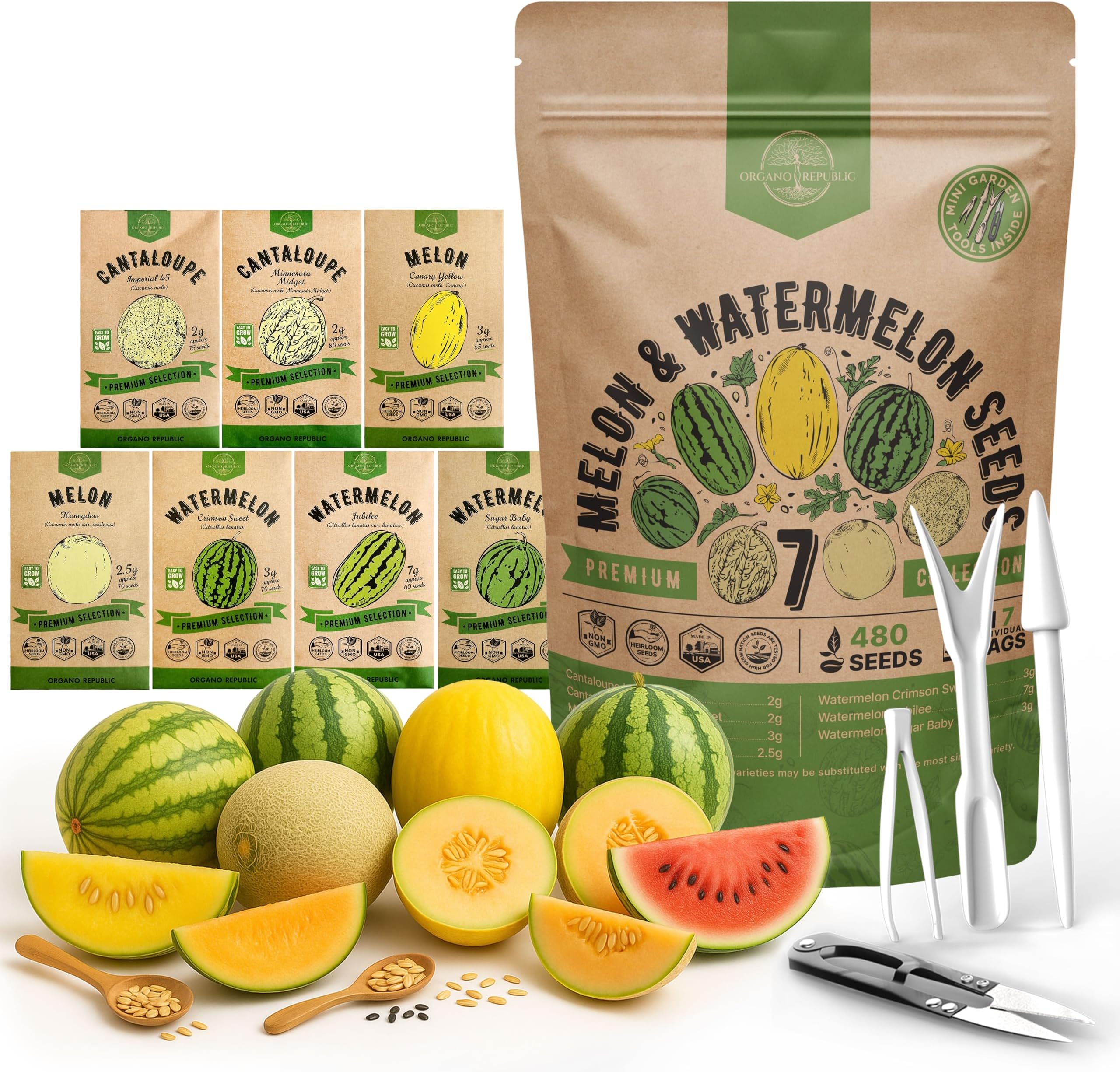 Organo Republic 7 Melon & Watermelon Seeds Variety Pack 480+ Non-GMO Heirloom Fruit Seeds for Planting Fruits in Individual Seed Packets, Home Garden Seeds for Hydroponic, Indoor & Outdoors Gardening