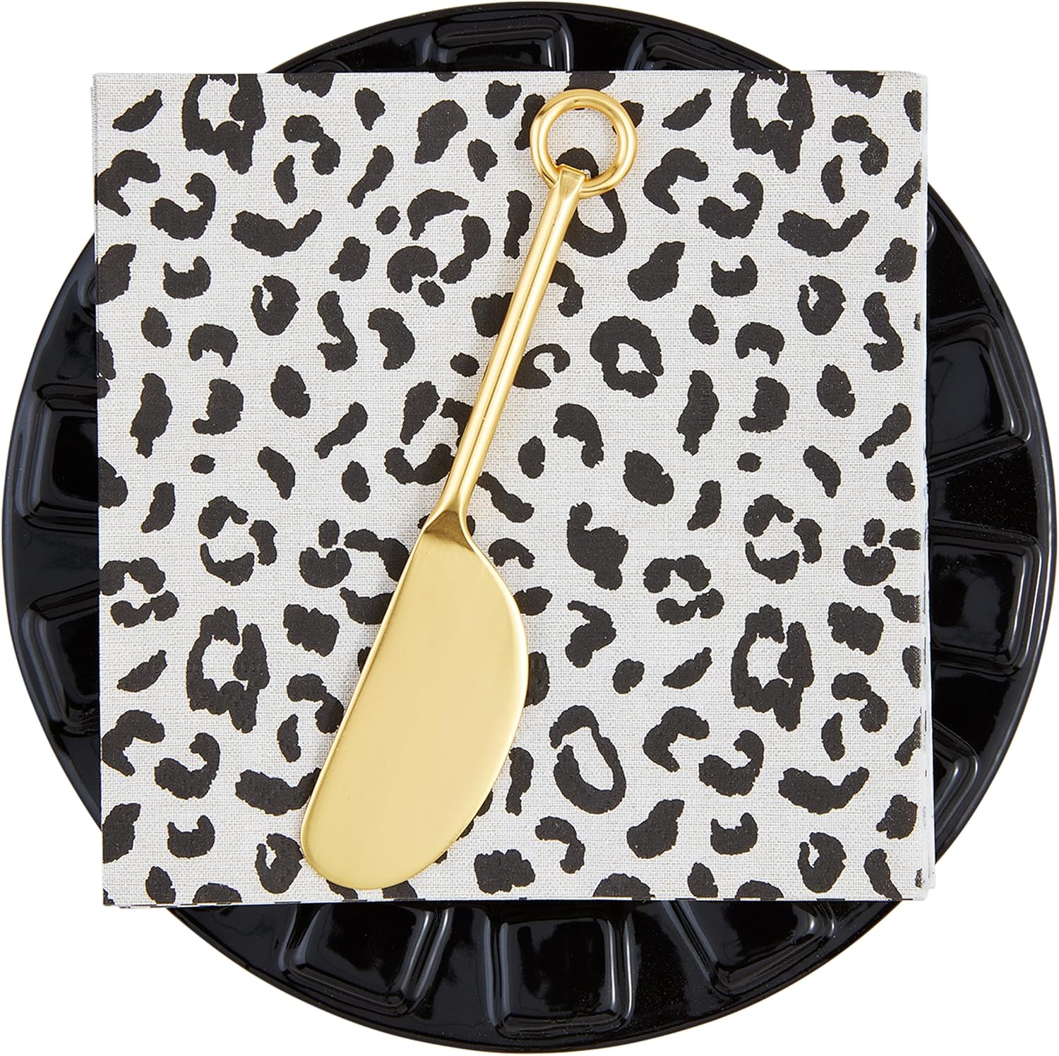 Mud Pie Leopard Black Appetizer Set; plate 6 1/2" dia | napkin 5" x 5" | spreader 5 1/2"