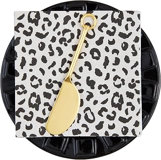 Mud Pie Leopard Black Appetizer Set; plate 6 1/2" dia | napkin 5" x 5" | spreader 5 1/2"
