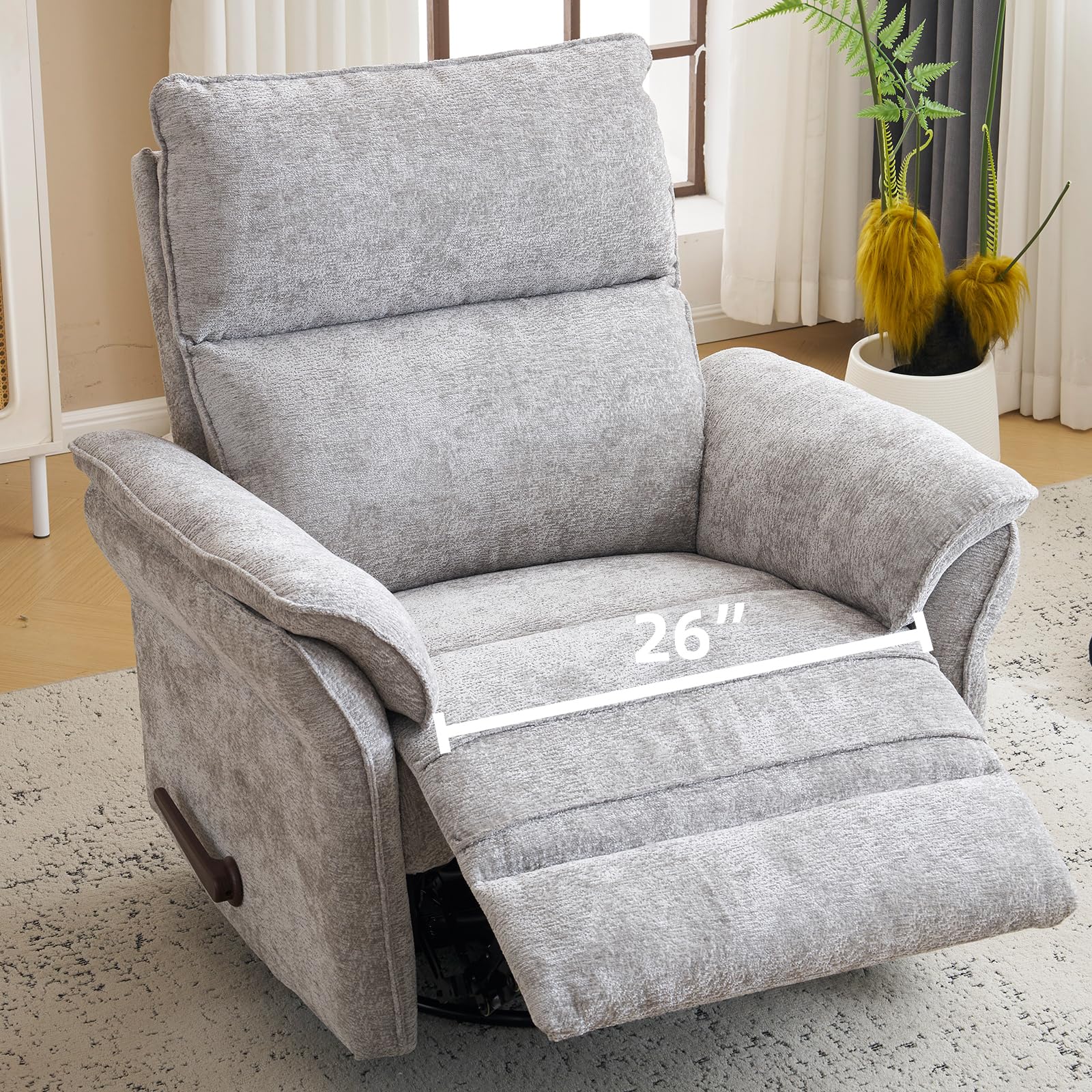 Oversized Glider Rocker Recliner, 26" Extra Wide 360° Swivel Nursery Recliner with Adjustable Headrest, Chenille Rocking Nursery Chair with Overstuffed Armrest, Lumbar Support, Light Grey