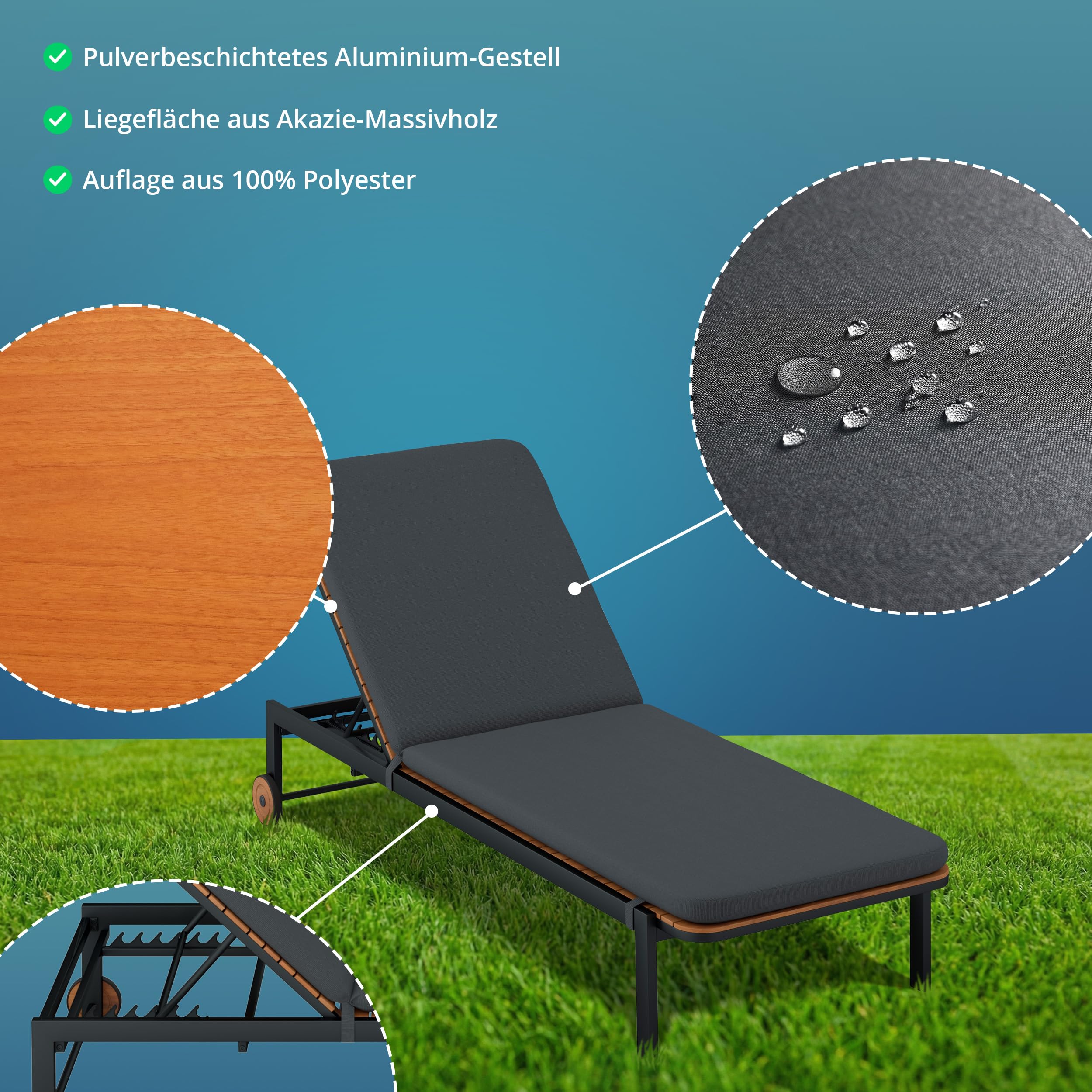 KHG Sdraio da giardino con cuscino, grigio scuro, con ruote, per balcone, terrazza o giardino, con schienale regolabile, struttura in alluminio, superficie di appoggio in acacia, resistente alle
