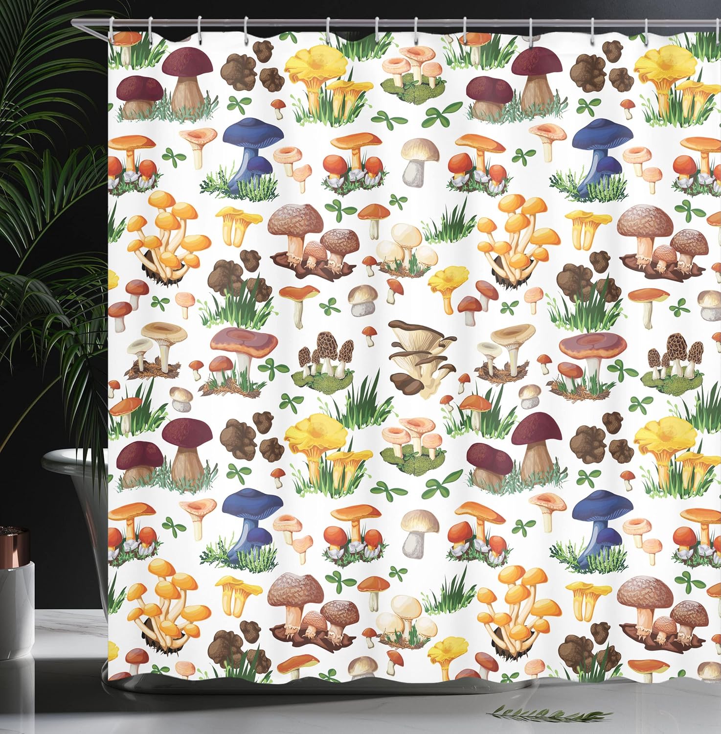 Ambesonne Mushroom Decor Shower Curtain Set, Pattern with Types of Mushrooms Wild Species Organic Natural Food from Nature Garden Theme, Bathroom Accessories, 69W X 70L Inches, Multi