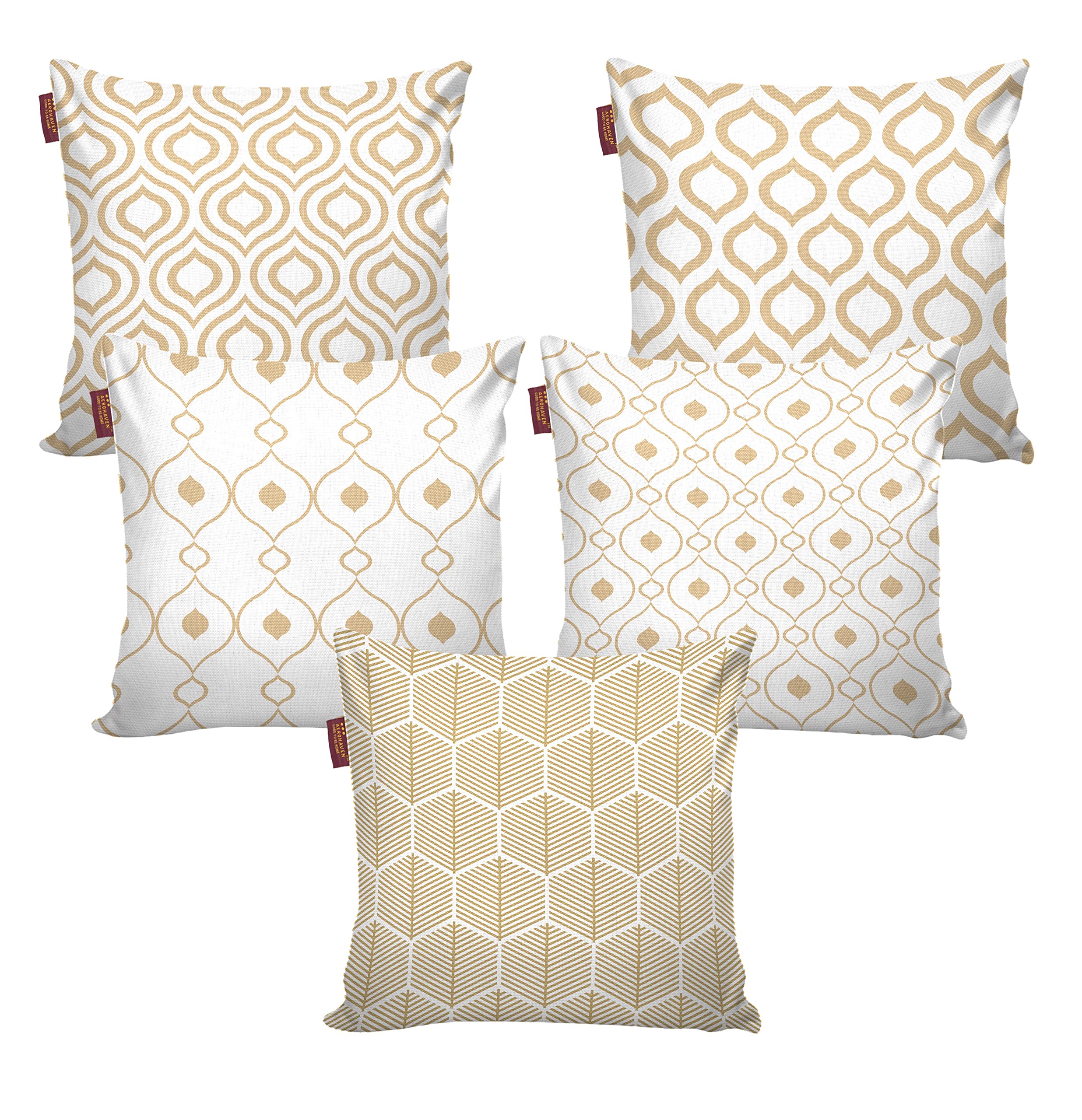 AEROHAVEN Premium Set of 5 Ethnic Digital Printed Hand Stitched Throw Pillow/Cushion Covers - (Beige and White, 16 x 16 Inch)