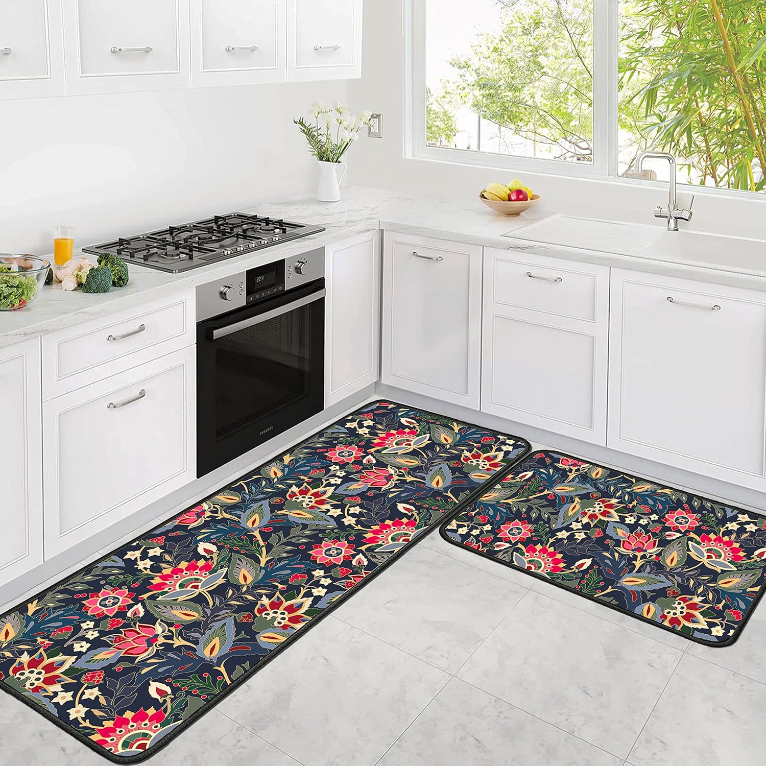 Colorful Floral Rug for Kitchen Mats for Floor 2 Piece