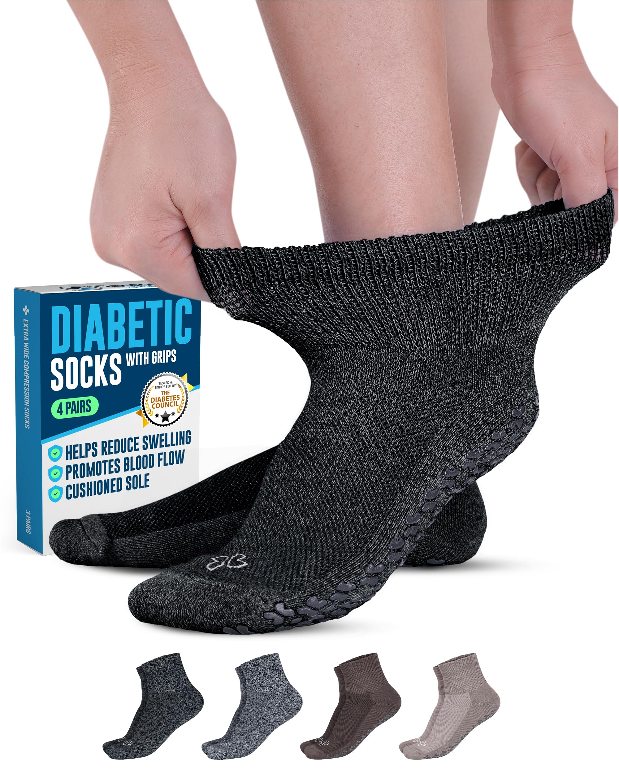 Diabetic Ankle Socks with Grippers for Men and Women - 4 Pair 1/4 Length Neuropathy Socks for Women