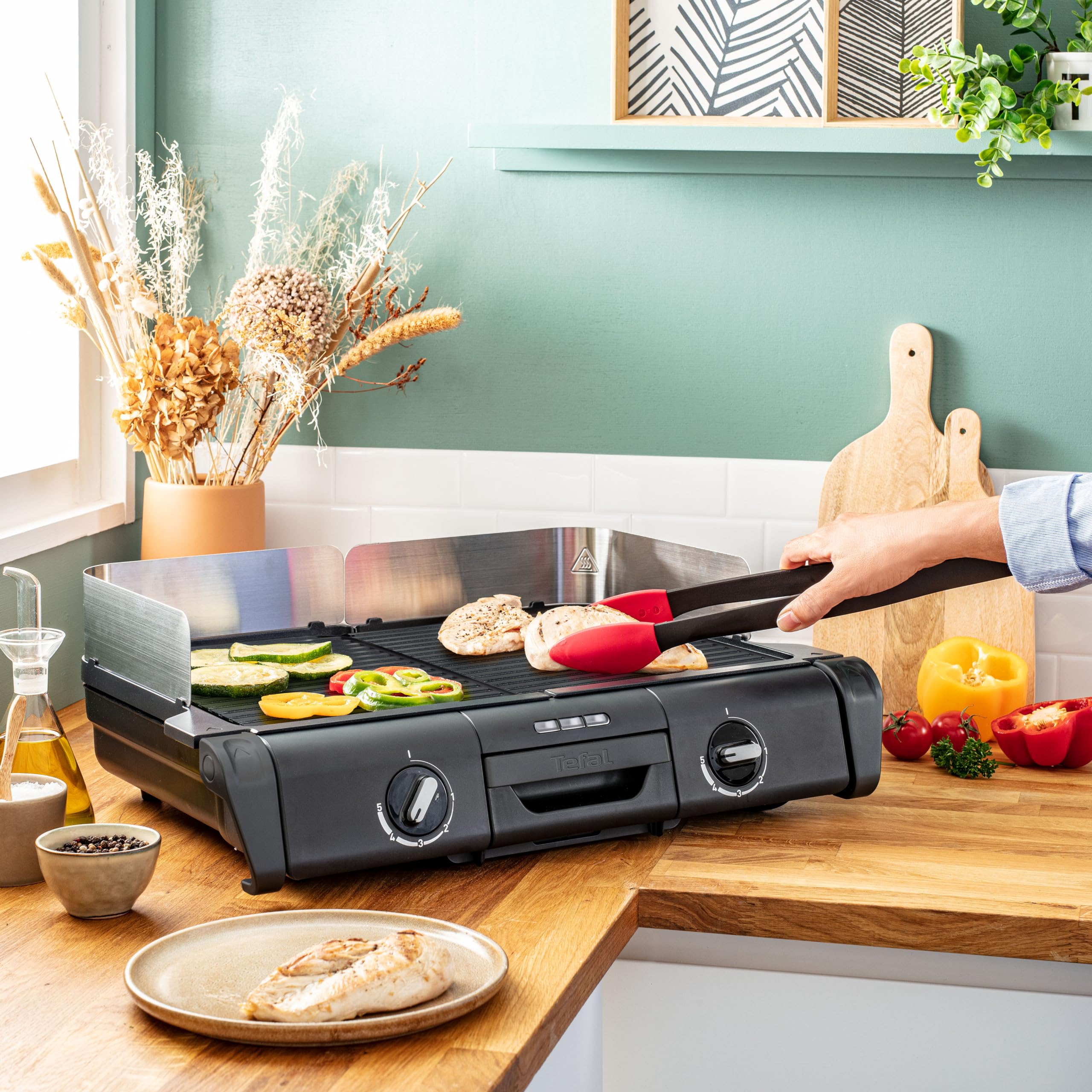 Tefal BBQ Family Elektrischer Tischgrill TG800N10, 2 getrennte Grillflächen, antihaftbeschichtet, Schwarz/Silber