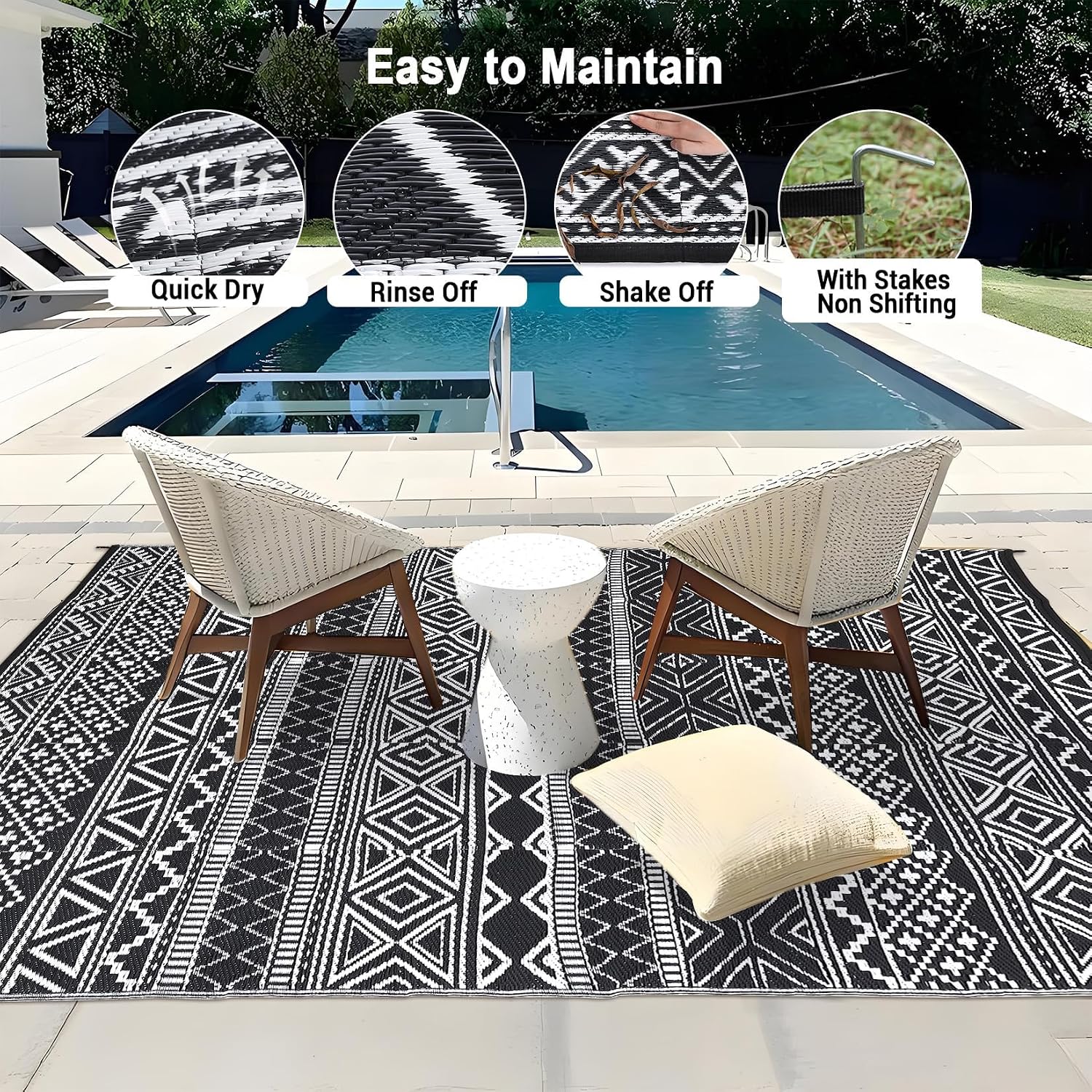 IDEALHOUSE Outdoor Rug 5x8 ft, Waterproof Plastic Reversible Rug, Modern Area Rug, Bohemian Camping Mat for Outdoors, RV, Patio, Backyard, Deck, Picnic, Beach, Trailer, Camping(Black & White)