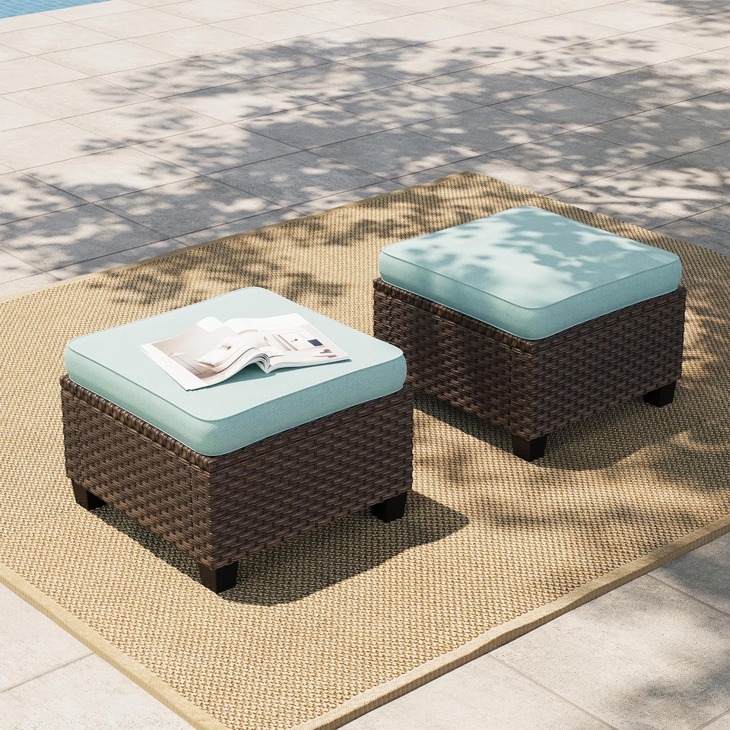 HERA'S HOUSE 2 Pieces Outdoor Patio Ottoman, Brown Rattan Wicker Ottomans, Outdoor Footstool Footrest Seat, Beige