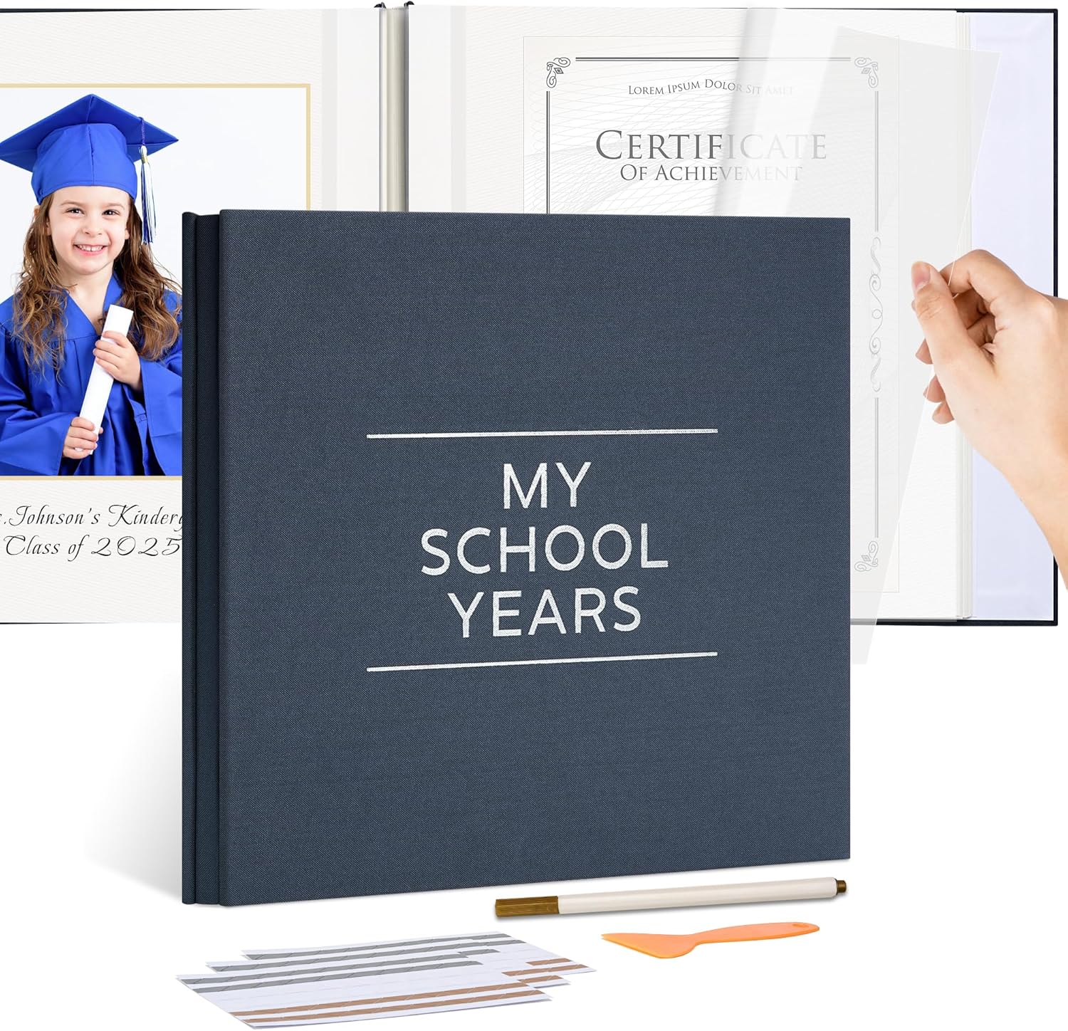 School Years Memory Book for Kids – Self Adhesive Photo Album 12x12 Inch, 40 Pages Linen Cover (Gray Blue) – School Picture Album with Marker & Corner Stickers, Childhood Keepsake Book