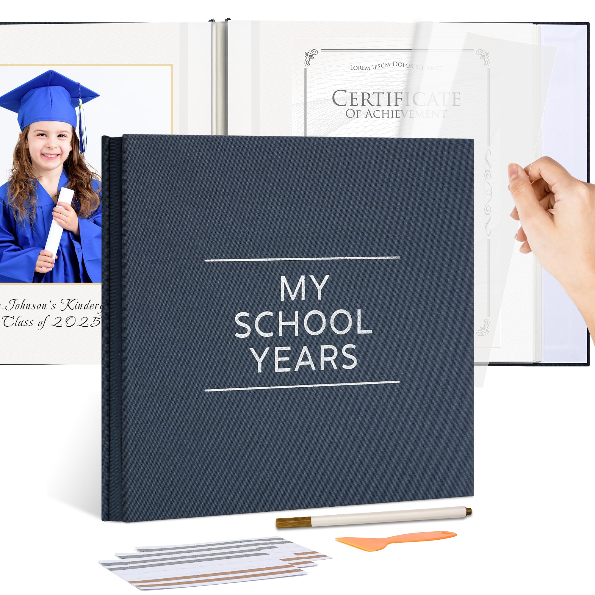 Photo 1 of **COLOR TAN*** Hiwhy School Years Memory Book for Kids – Self Adhesive Photo Album 12x12 Inch, 40 Pages Linen Cover (Beige) – School Picture Album with Marker & Corner Stickers, Childhood Keepsake Book