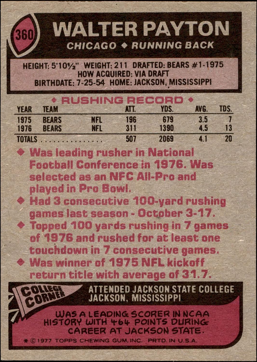1977 Topps #360 Walter Payton Chicago Bears (Football Card) EX/MT Bears Jackson St