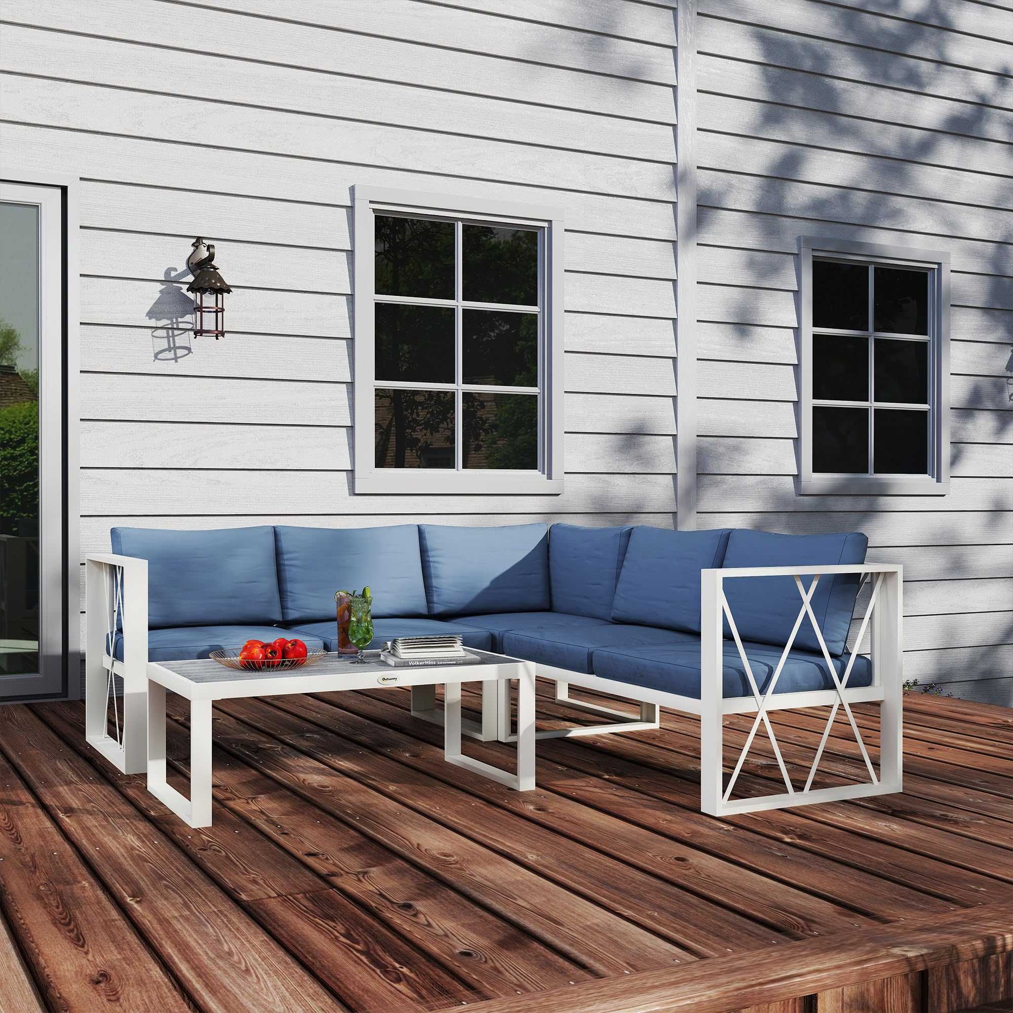 Outsunny Conjunto de Muebles de Jardín Exterior de 4 Piezas Sofá Seccional Exterior Forma de L con Sofá de Esquina y 2 Sofás de 2 Plazas con Mesa de Centro DPC Asiento Regulable y Cojines Beige y Gris