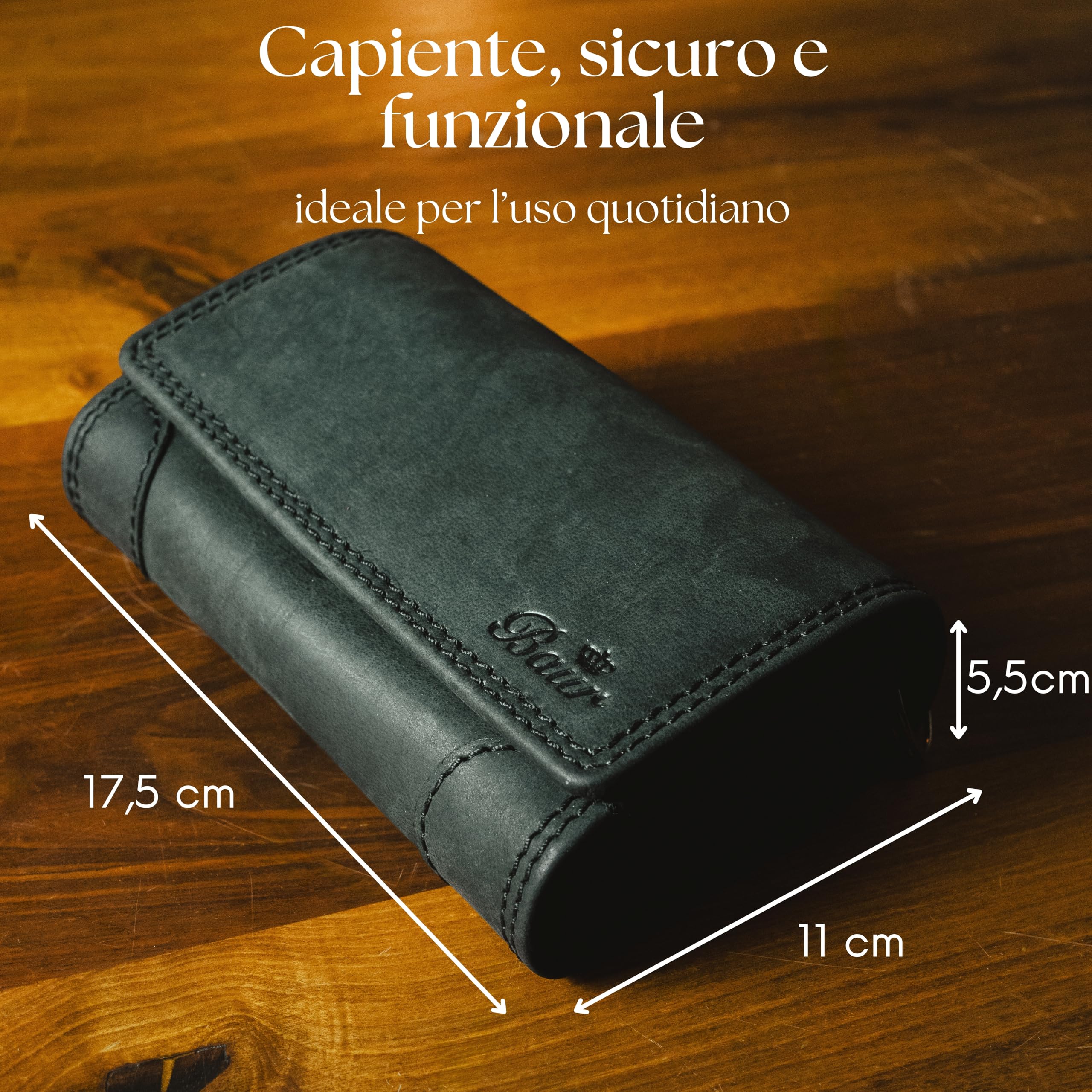 Baur set da cameriere grande in vera pelle di bufalo – portamonete professionale & fondina con catena – portafoglio cassa robusto con fodera in pelle (Set grande con bottone a pressione, Nero)