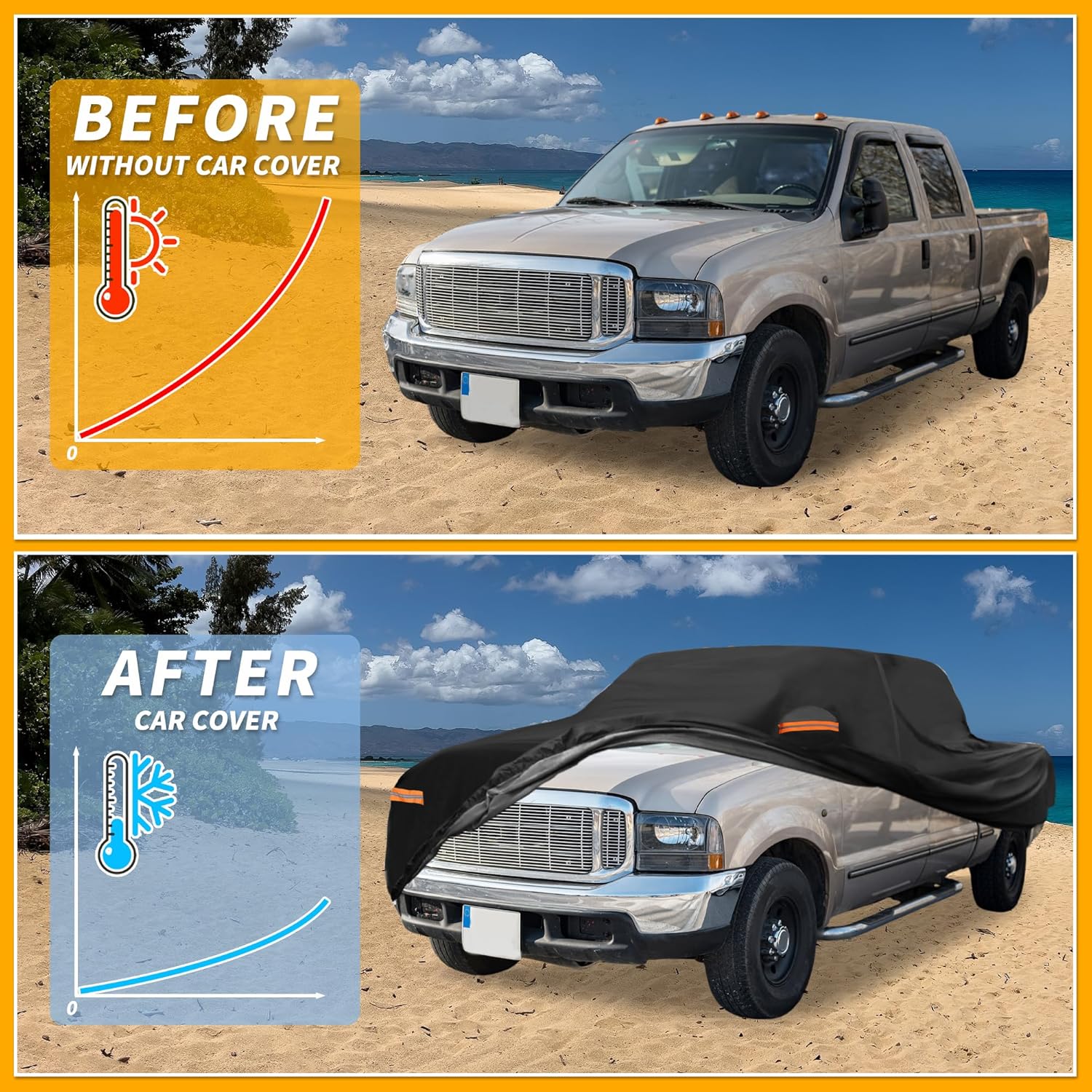 Universal Car Cover Waterproof All Weather 210D-PU, UV Sun Rain Protection, Fits for Truck Length Up to 220", with Left Side Zipper, Black