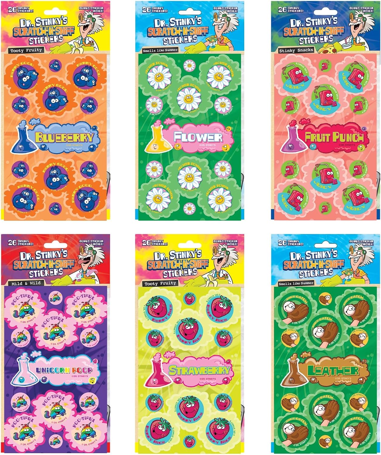 Just For Laughs Dr. Stinky’s Scratch N Sniff Stickers Spring 6-Pack, Blueberry, Flower, Strawberry, Unicorn Poop, Fruit Punch, Leather