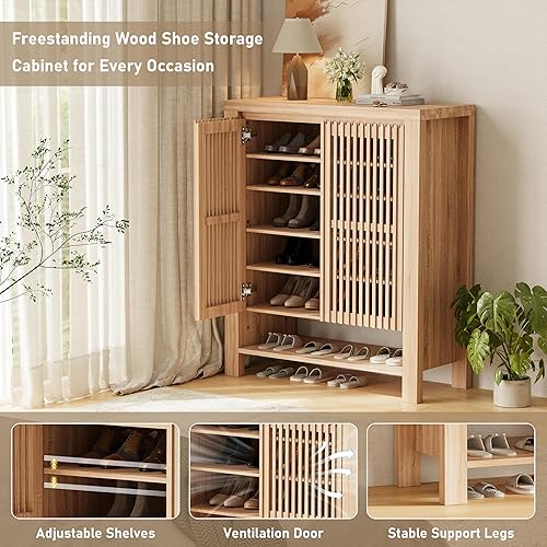 Miniatura 3 de Armario de almacenamiento de zapatos de 43 pulgadas de alto con puertas, armario de zapatos de entrada de 8 niveles con estantes ajustables, armario