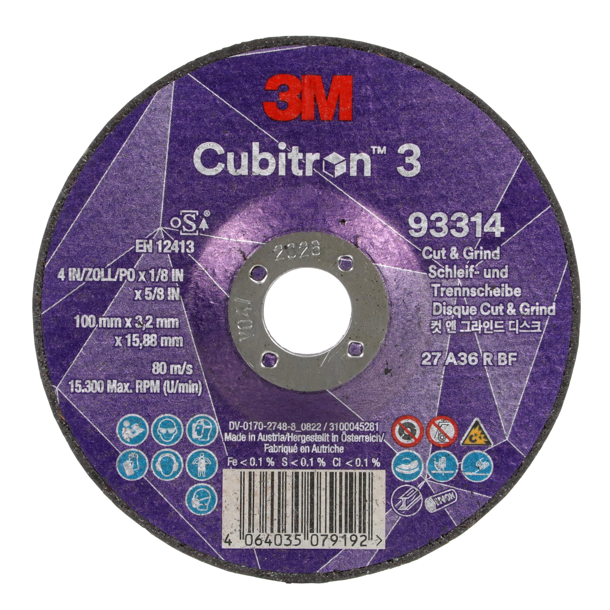3M Cubitron 3 Disco de Corte y Desbaste, 93314, 36+, T27, 100 mm x 3.2 mm x 15.88 mm, EN, Paquete de 10 Unidades