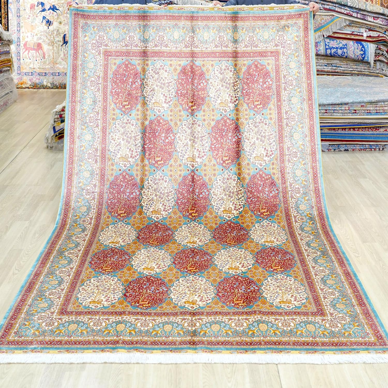 Yuchen Carpet Oriental Silk Rug 6x9 Blue Hand Knotted Medallion Traditional Vintage Luxury Silk Area Rug for Living