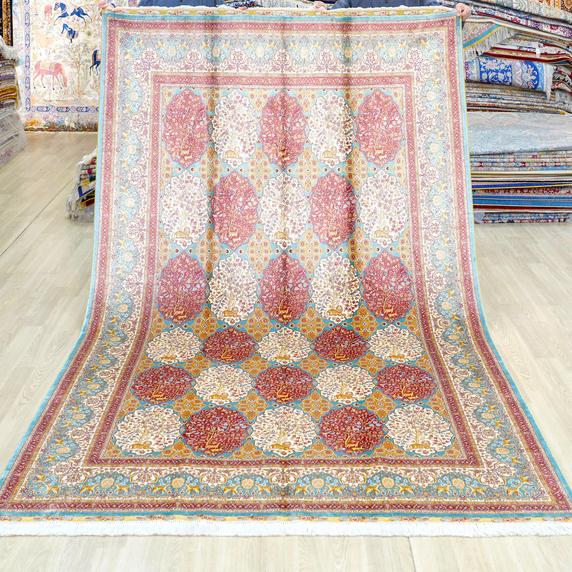 Yuchen Carpet Oriental Silk Rug 6x9 Blue Hand Knotted Medallion Traditional Vintage Luxury Silk Area Rug for Living