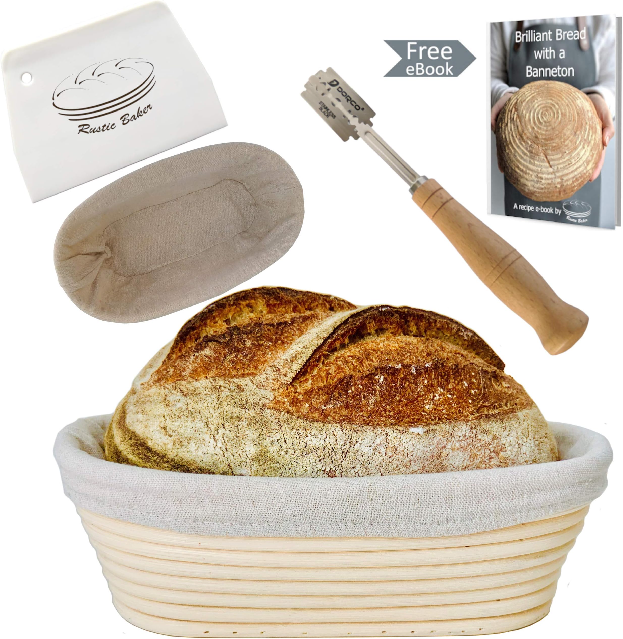 Rustic Baker Oval Banneton Proofing Basket Set | Bread Making Kit | 10 inches | Bread Lame, Linen Cloth, Scraper & EBook Included | Brotform for Artisan Bread | Professional Sourdough Proving Bowl