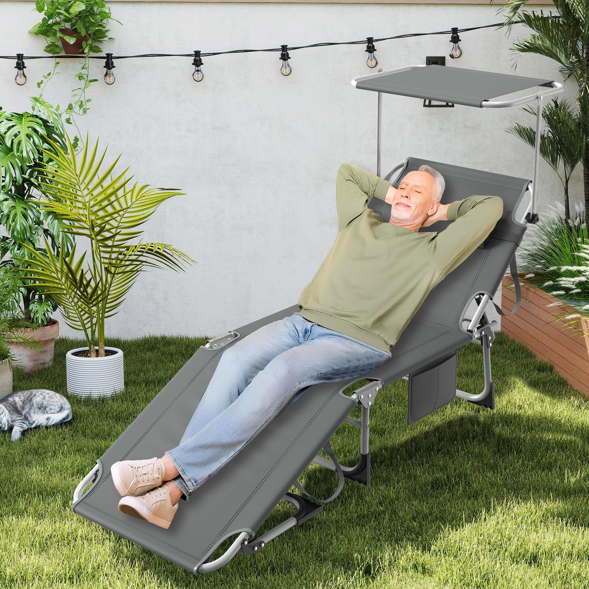 Froadp Sonnenliege Klappbar mit Dach Gartenliege Liegestuhl mit Verstellbarer Rückenlehne Kopfkissen Seitentasche Strandliege für Garten Balkon Strand Terrasse (1 Stück, Anthrazit)