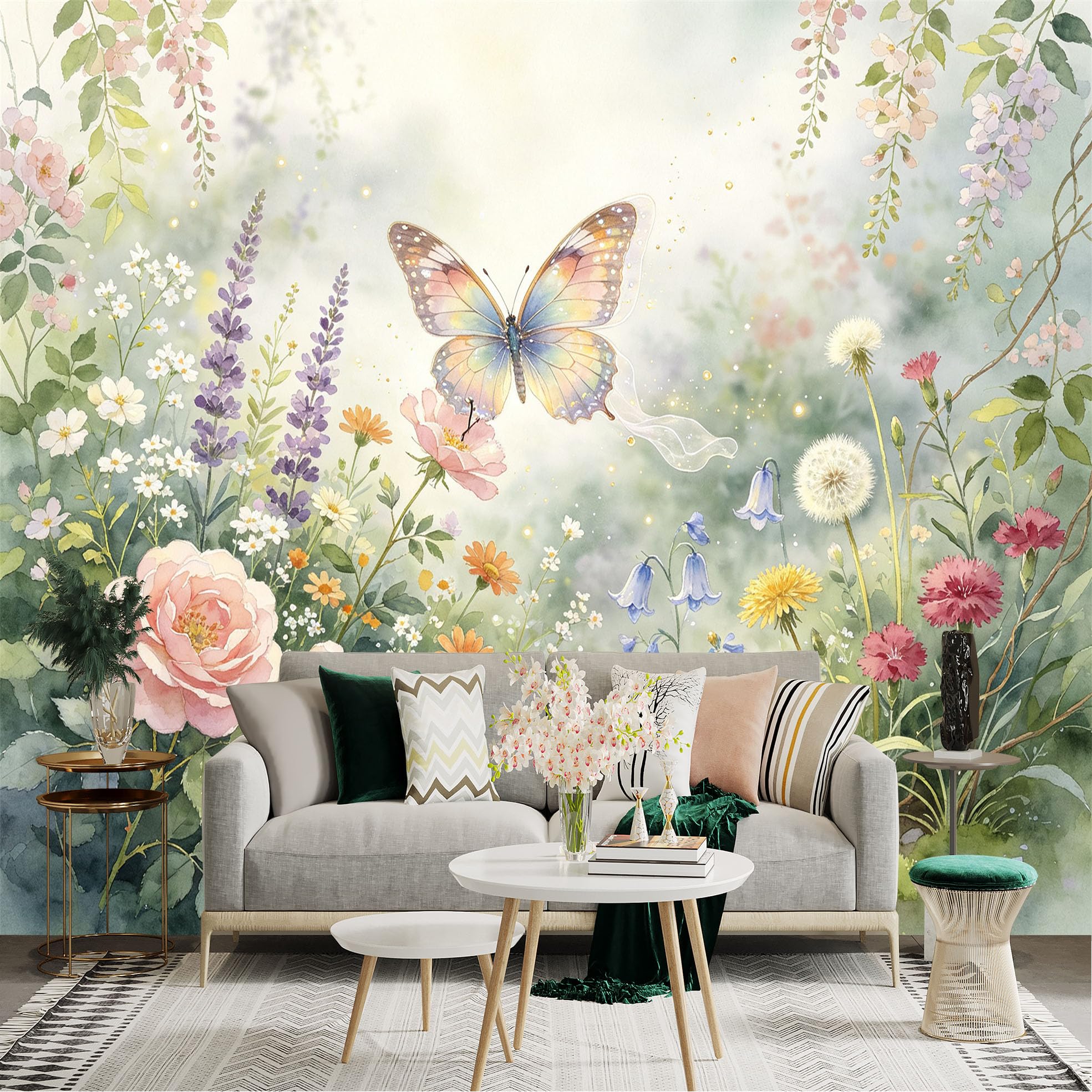 Lnzczhyre Bh260719350 Custom Size Wall Sticker Mural， Watercolor Butterfly With Blooming Roses And Wildflowers In Soft Garden， For Wall Decoration， Peelandstick Wall Decals.