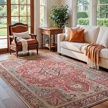 jxgzyy 57 Soft Area Rug for Living Room, 0.31" Thick Large Area Rug with Non-Slip Backing, Vintage Red Porcelain Style Rug Low Pile Faux Wool Carpet for Bedroom Dining Room Hotel Indoor