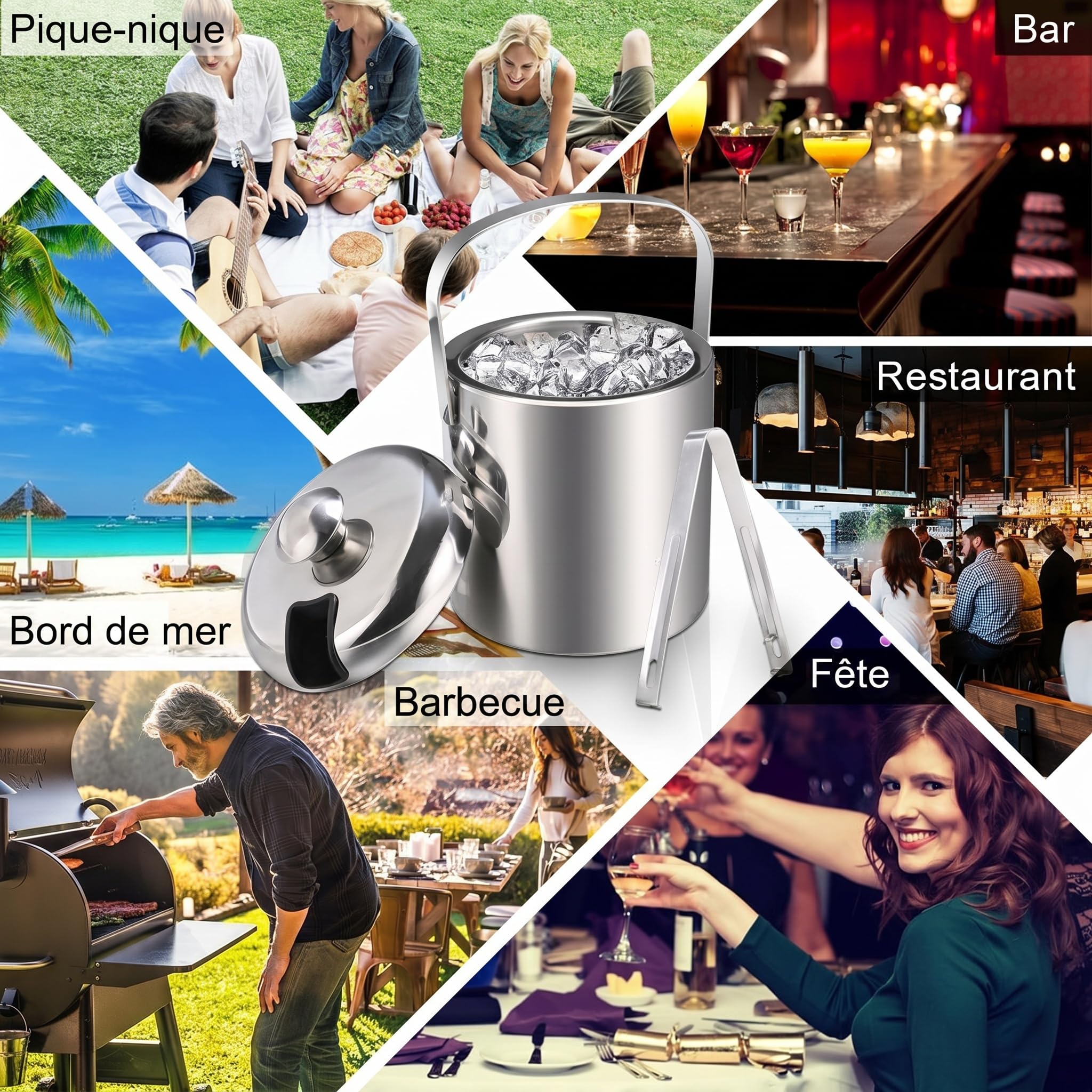 Sailnovo Mini seau à glace 1,2 L – Compact, en acier inoxydable double paroi de qualité supérieure, avec couvercle et pince à glace – Idéal pour cocktails, bar personnel et petites réceptions – Argent