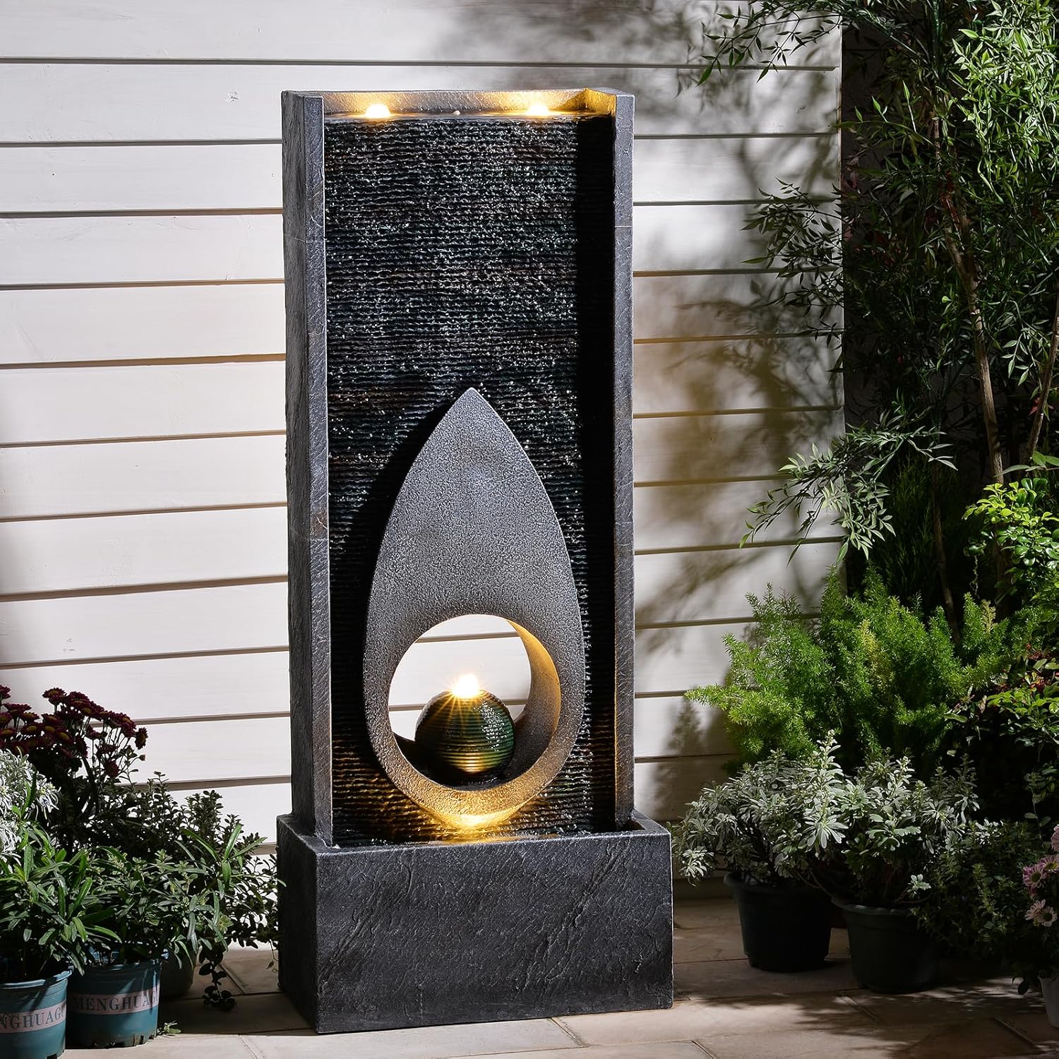 46.5" H Large Indoor Water Fountains - Modern Rectangular with Sphere - Waterfall Fountain for Indoor or Outdoor with LED Lights and Pump for Deck, Patio, Porch, Garden, Yard Decor